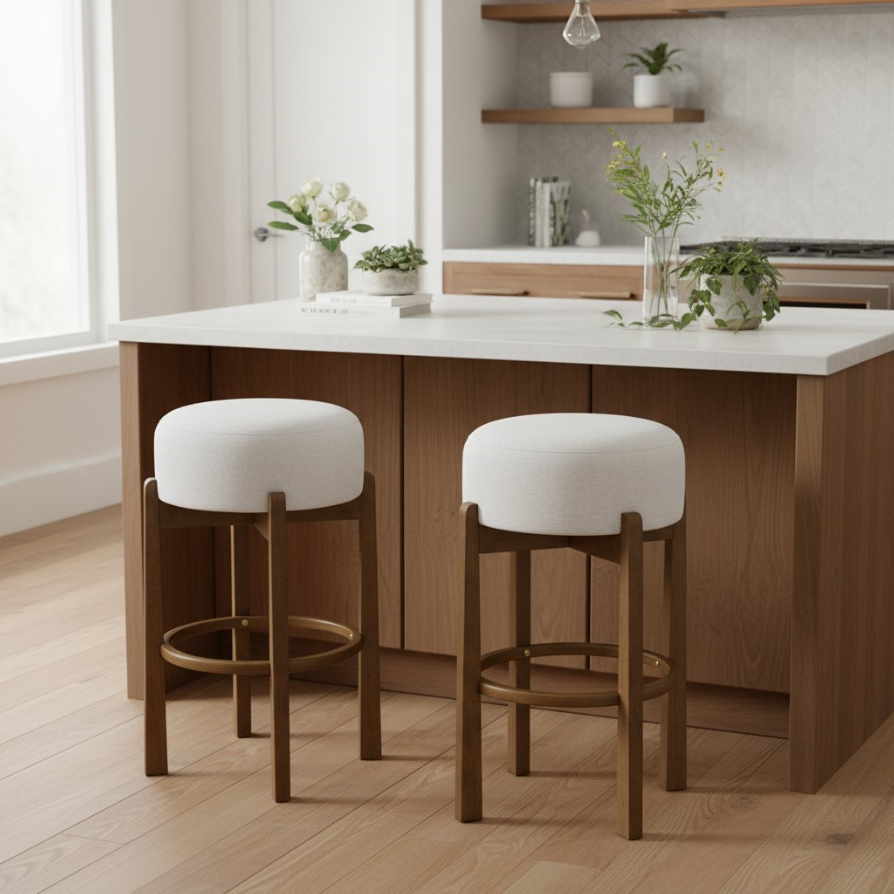 Vera Indoor Wooden Upholstered Barstool, Dark Walnut Finish and Ivory Upholstery, Set of 2
