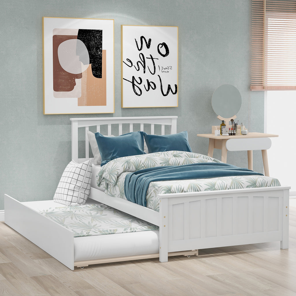 Minimalist Twin Size Platform Bed with Trundle in White Finish, Solid Pine Wood Frame