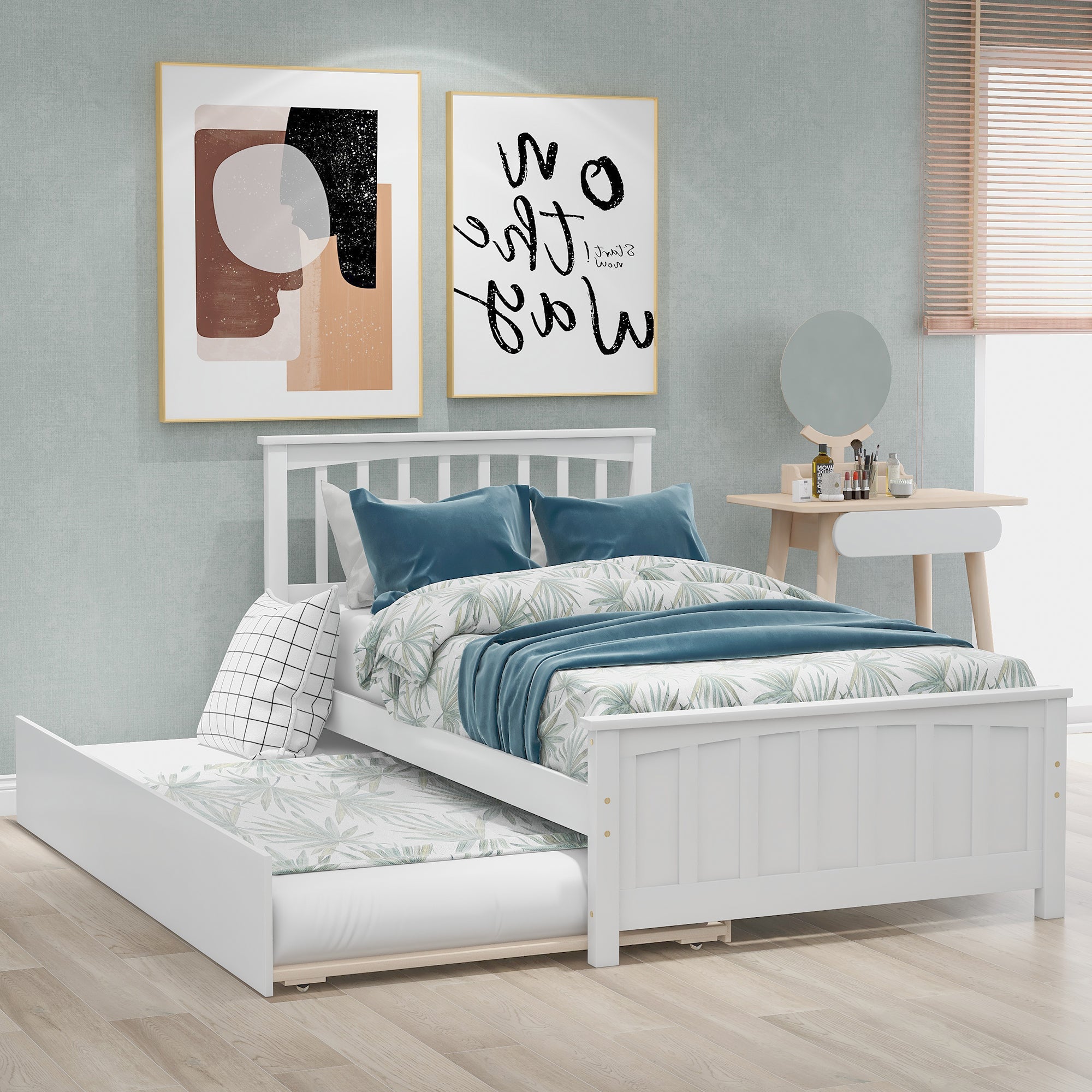 Minimalist Twin Size Platform Bed with Trundle in White Finish, Solid Pine Wood Frame