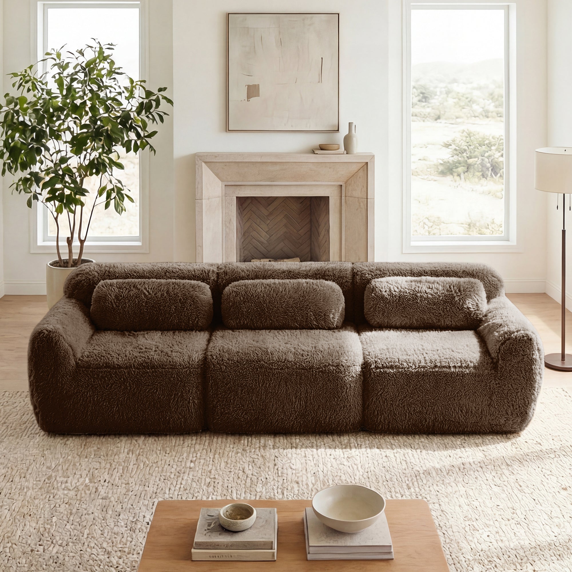 114''Soft And Fluffy  Plush Fabric,Modular Sectional Sofa Couches,Ergonomic Design With Throw Pillows,Full-compression Vacuum Packaging   Buckle Connection  For Study,Home Theater,Chocolate