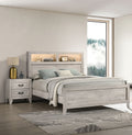 3pc Bedroom Furniture White wash Finish Full Size Bed w Shelf Light 2x Nightstands Melamine Top Black Bar Pull