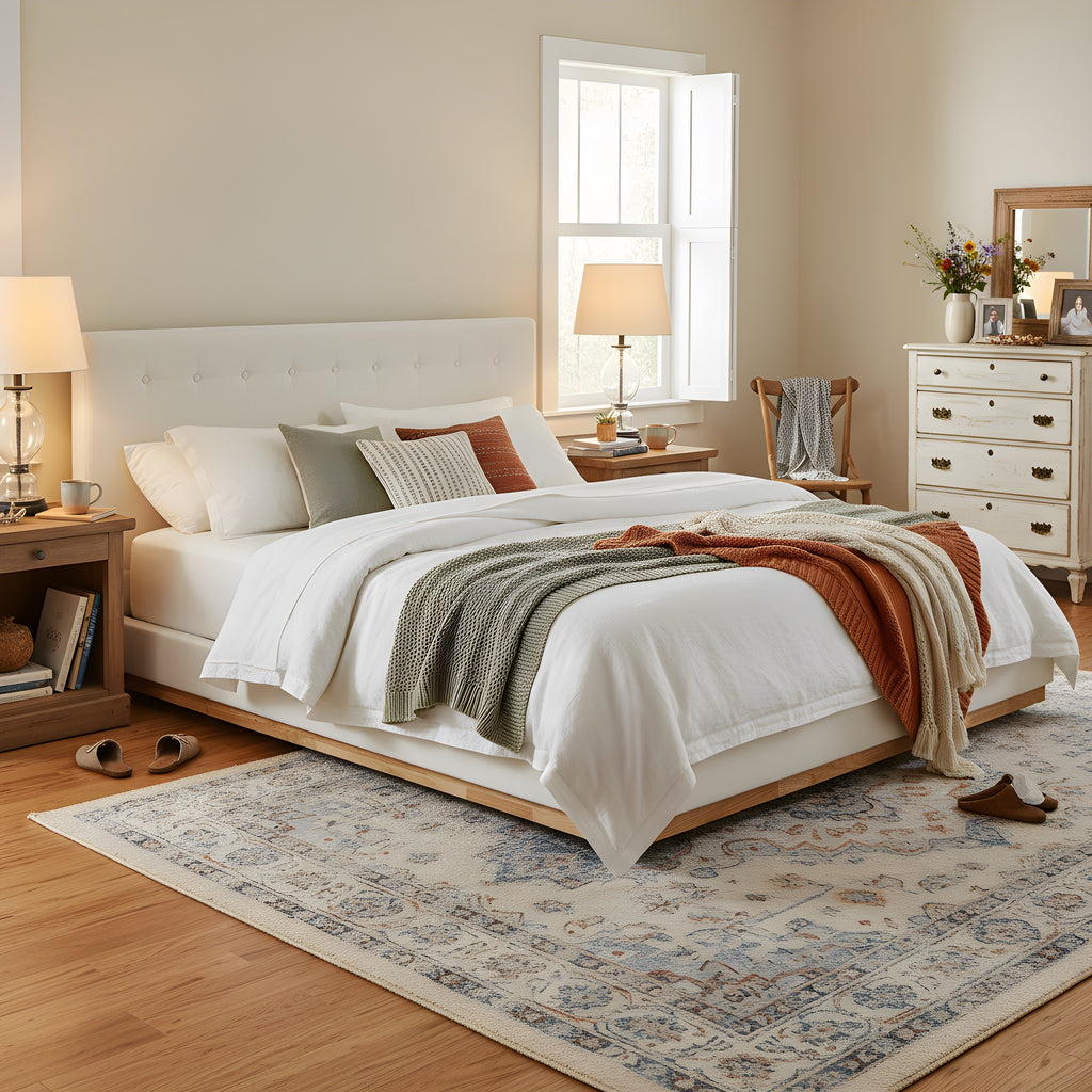 Solid Rubber Wood Platform Bed with Upholstered Headboard, Modern Tufted Design, Sturdy Slat Support, Noise-Free, Easy Assembly, White,King