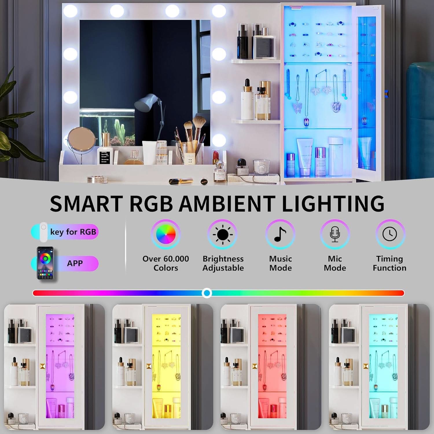 White Vanity Desk With Built In RGB Ambient Lighting-2