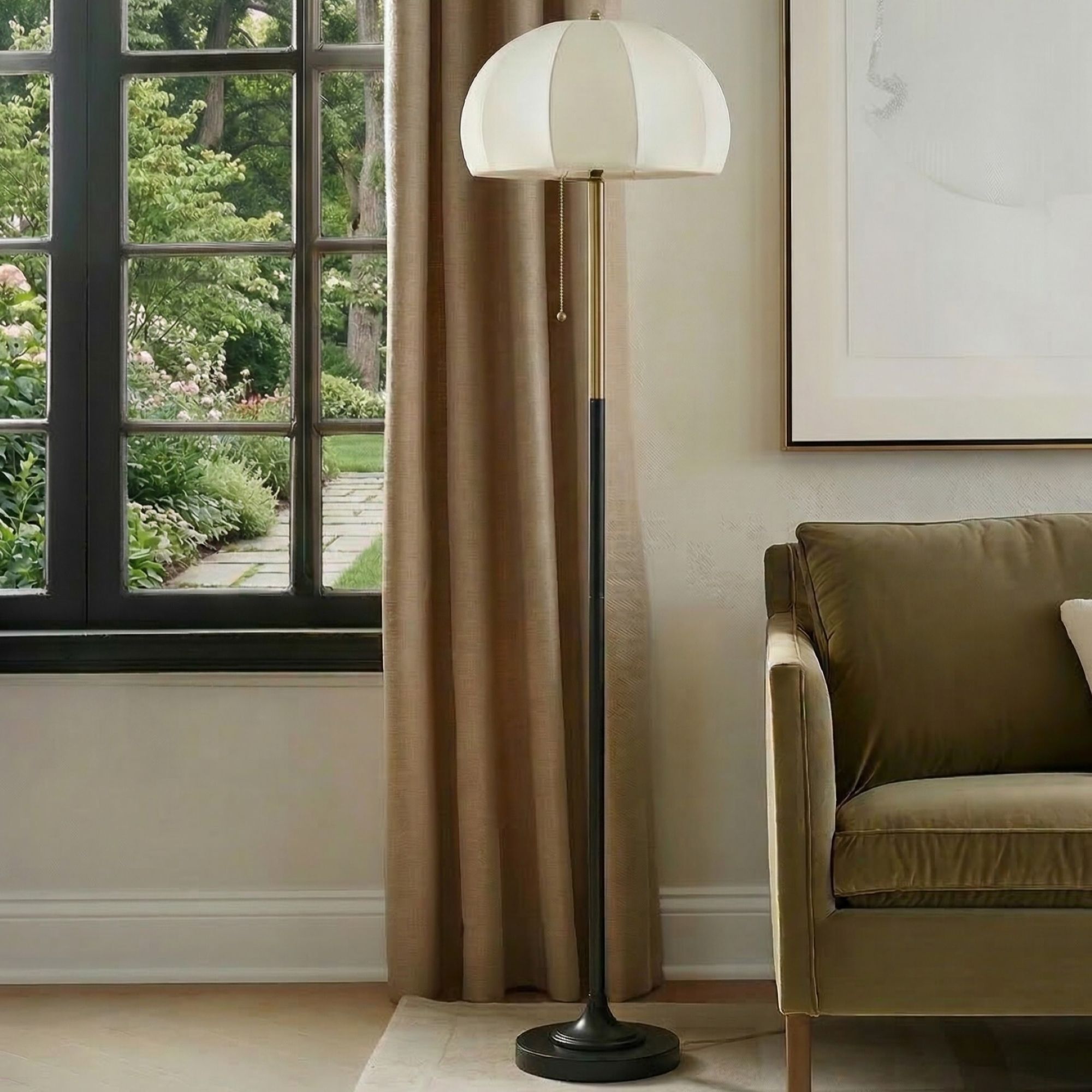 Textured Ceramic Floor Lamp with Fluted Fabric Shade White