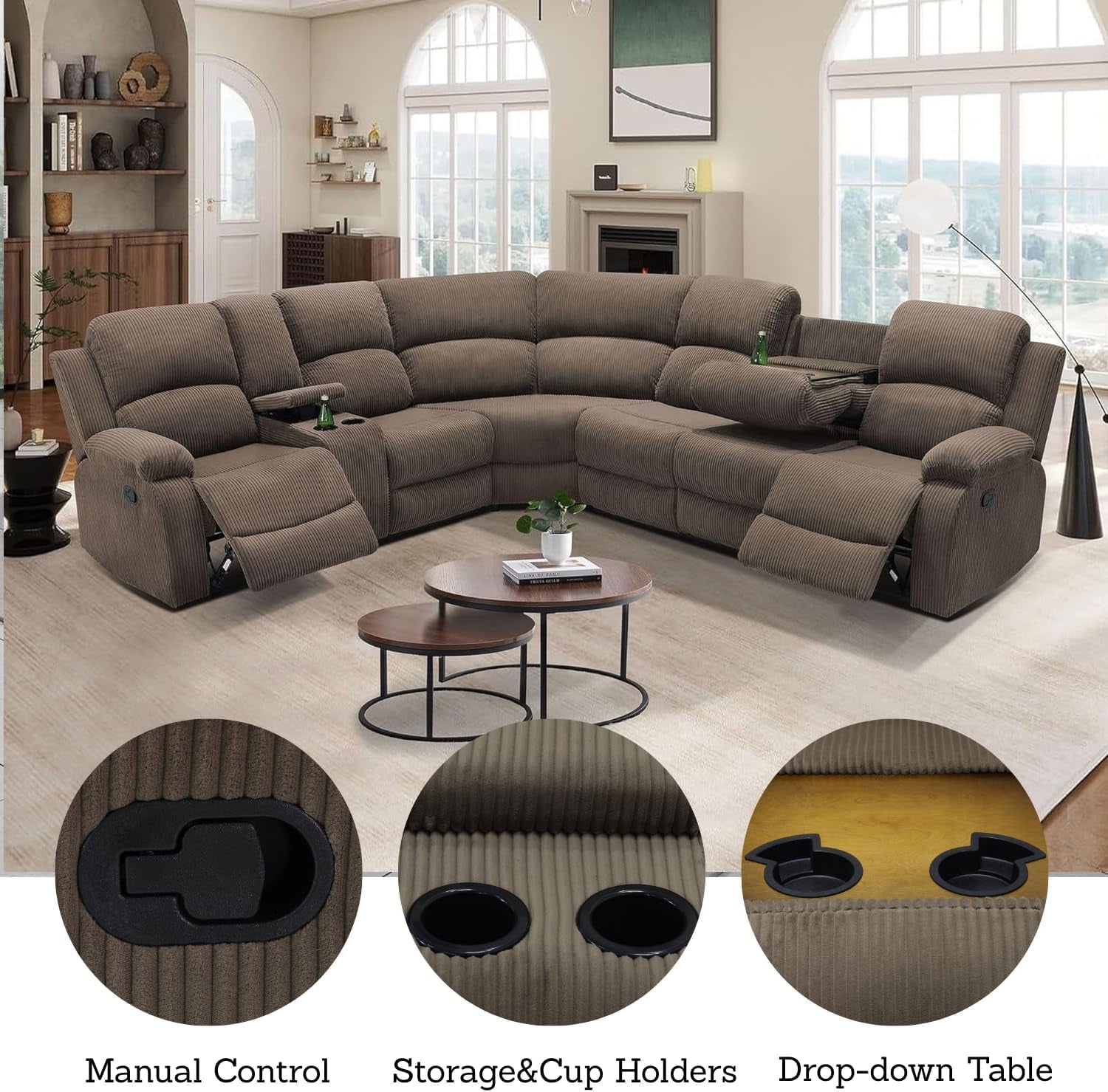 Comfortable Recliner Sectional Sofa Peanut Cup Holders-4
