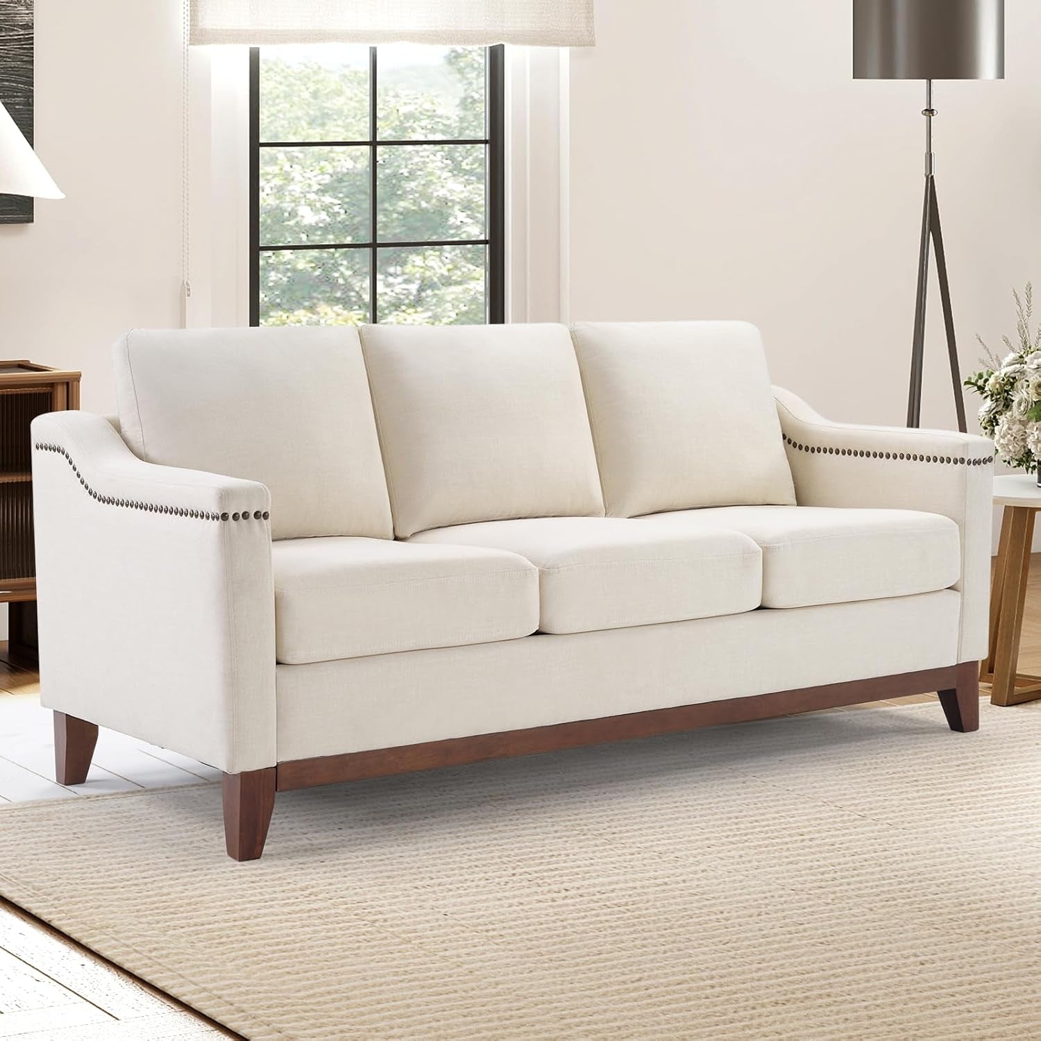 Beige ThreeSeater Upholstered Sofa With Nailhead Trim-0