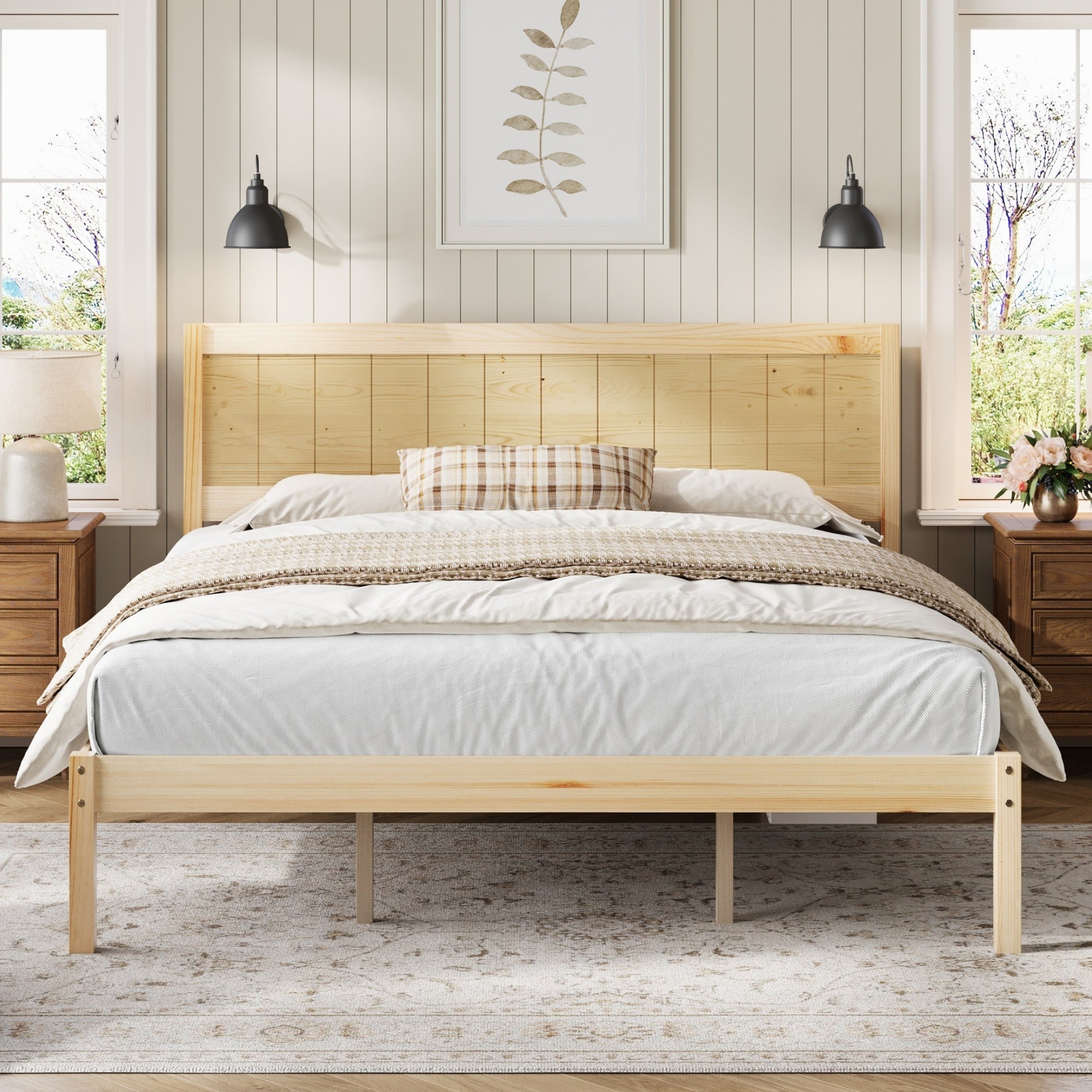 Platform Bed Frame with Headboard , Wood Slat Support , No Box Spring Needed ,King,Natural