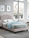 European Style 1pc Twin Size Tufted Headboard Bed Middle Support Legs Burlap Fabric Light Brown Finish Bedroom Furniture