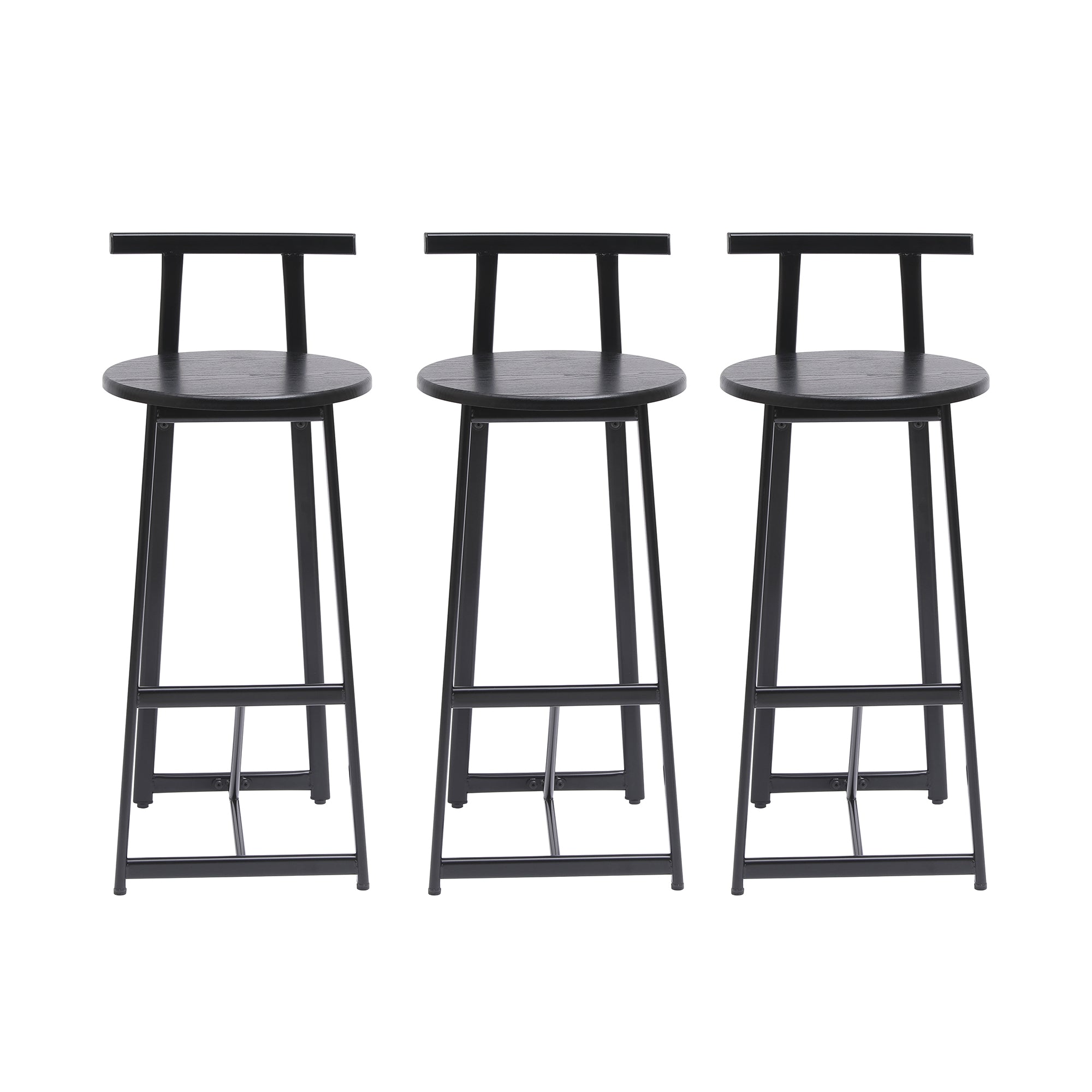 Modern Kitchen Bar Stools Set of 3 with Footrest in Black, Metal Frame & MDF Seat, 27''H