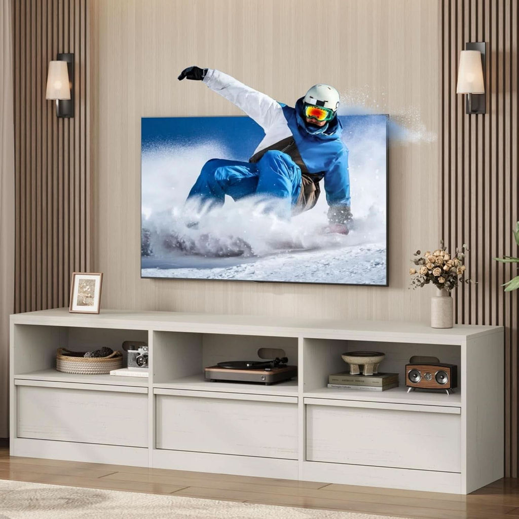 70-In TV Stand Heavy-Duty Mid-Century White Entertainment Center