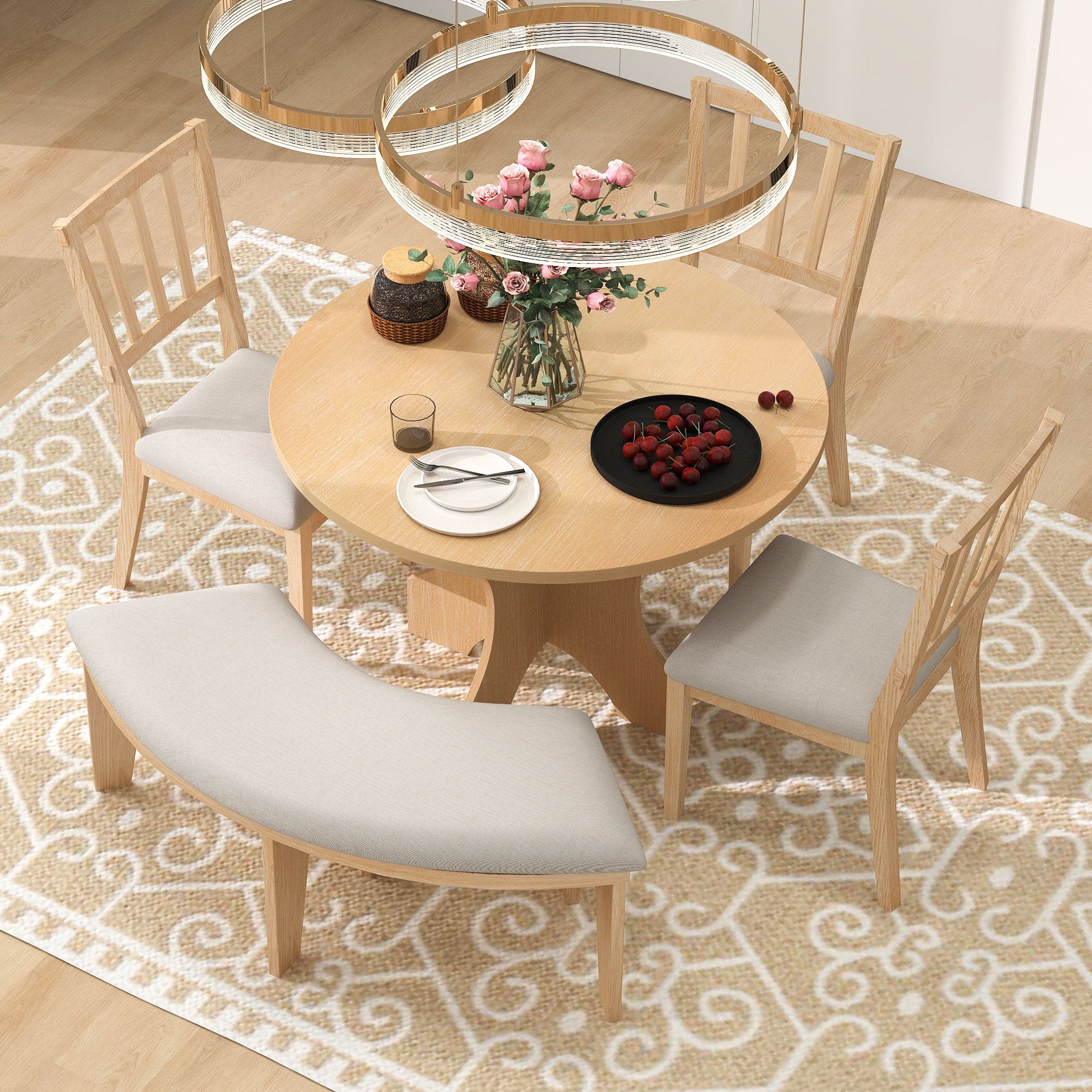 TREXM 5-piece Rustic Charm Round Dining Set with 3 Upholstered Chairs and Curved Bench for Dining Room, Kitchen and Living Room (Natural)