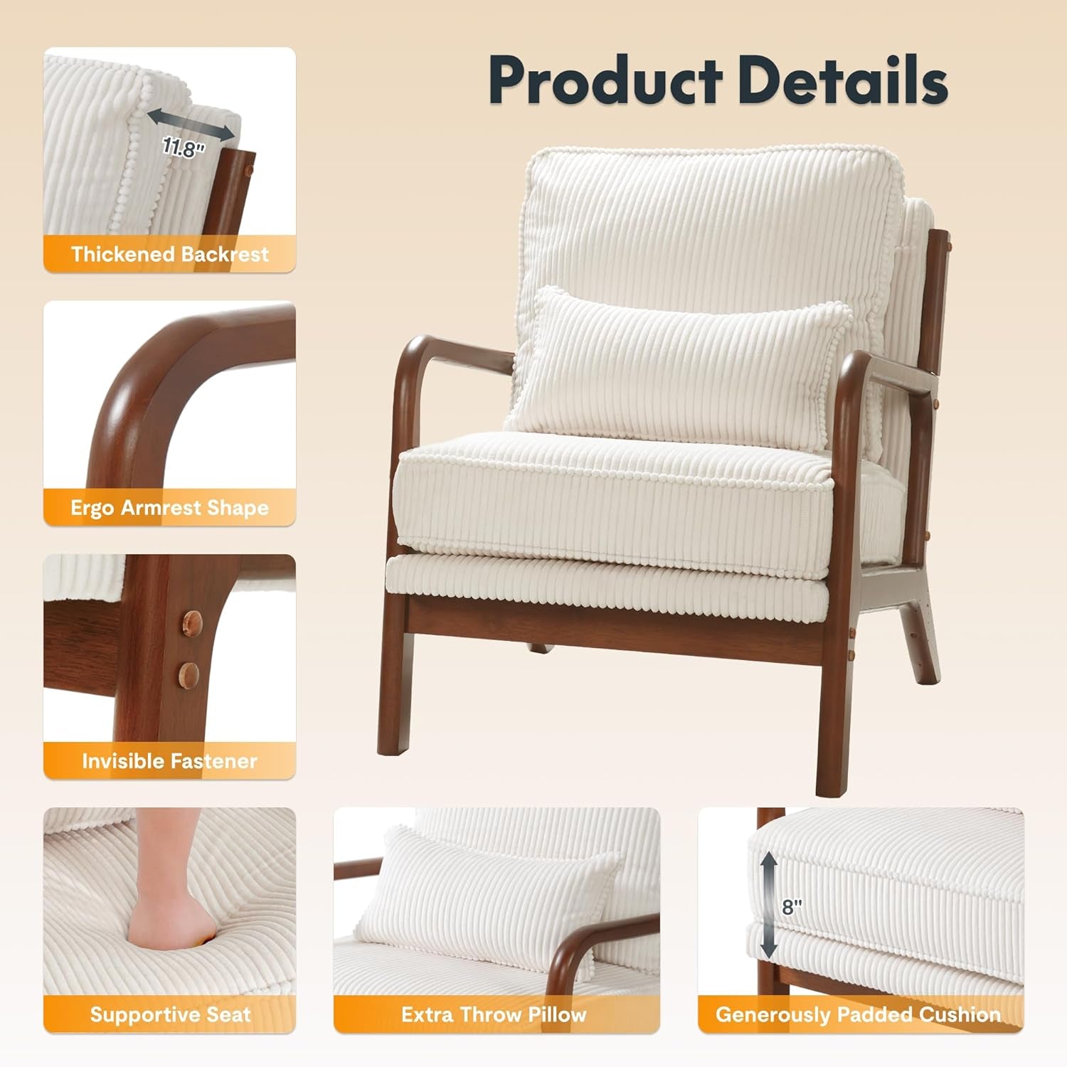 Cream Corduroy Upholstered Mid Century Accent Chairs
