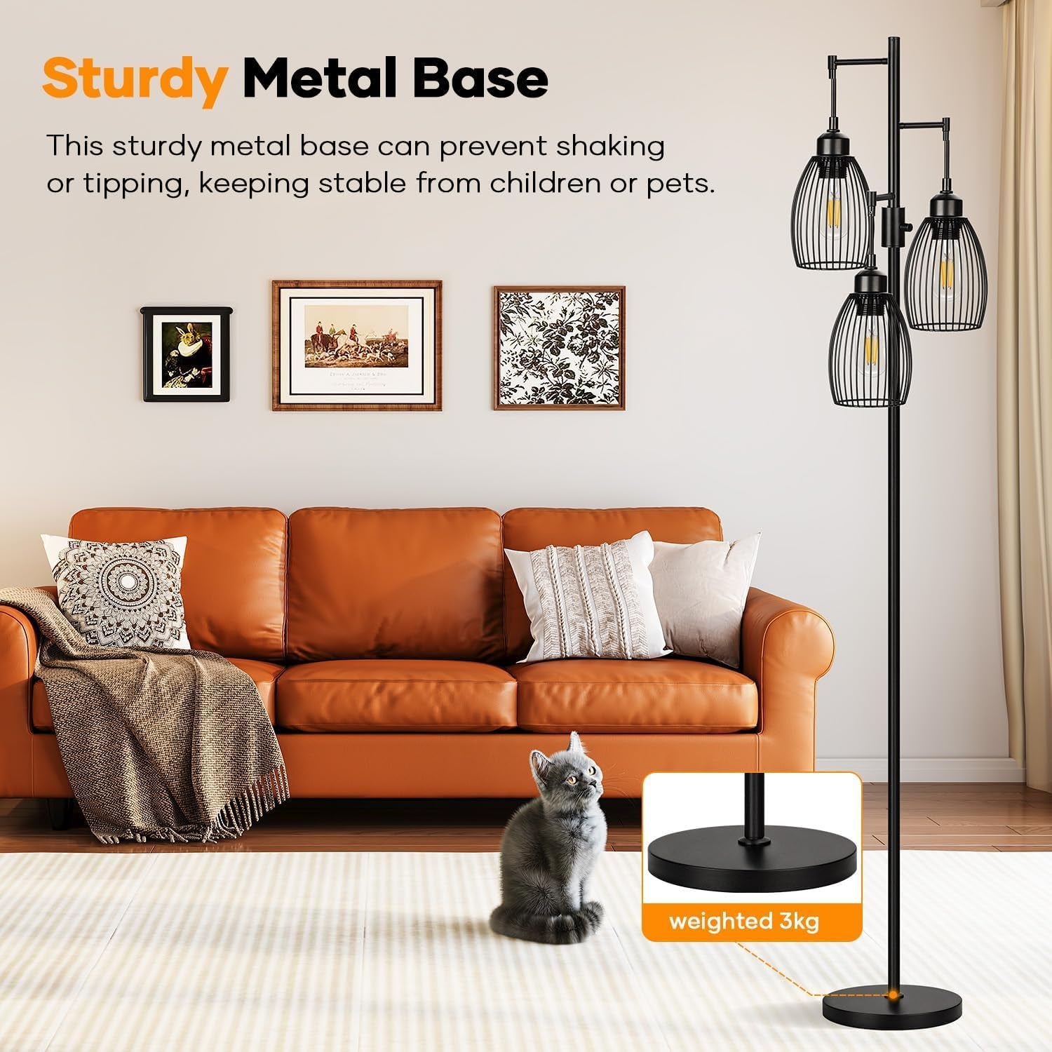 Industrial Black Floor Lamp ThreeBulb Dimmable LED