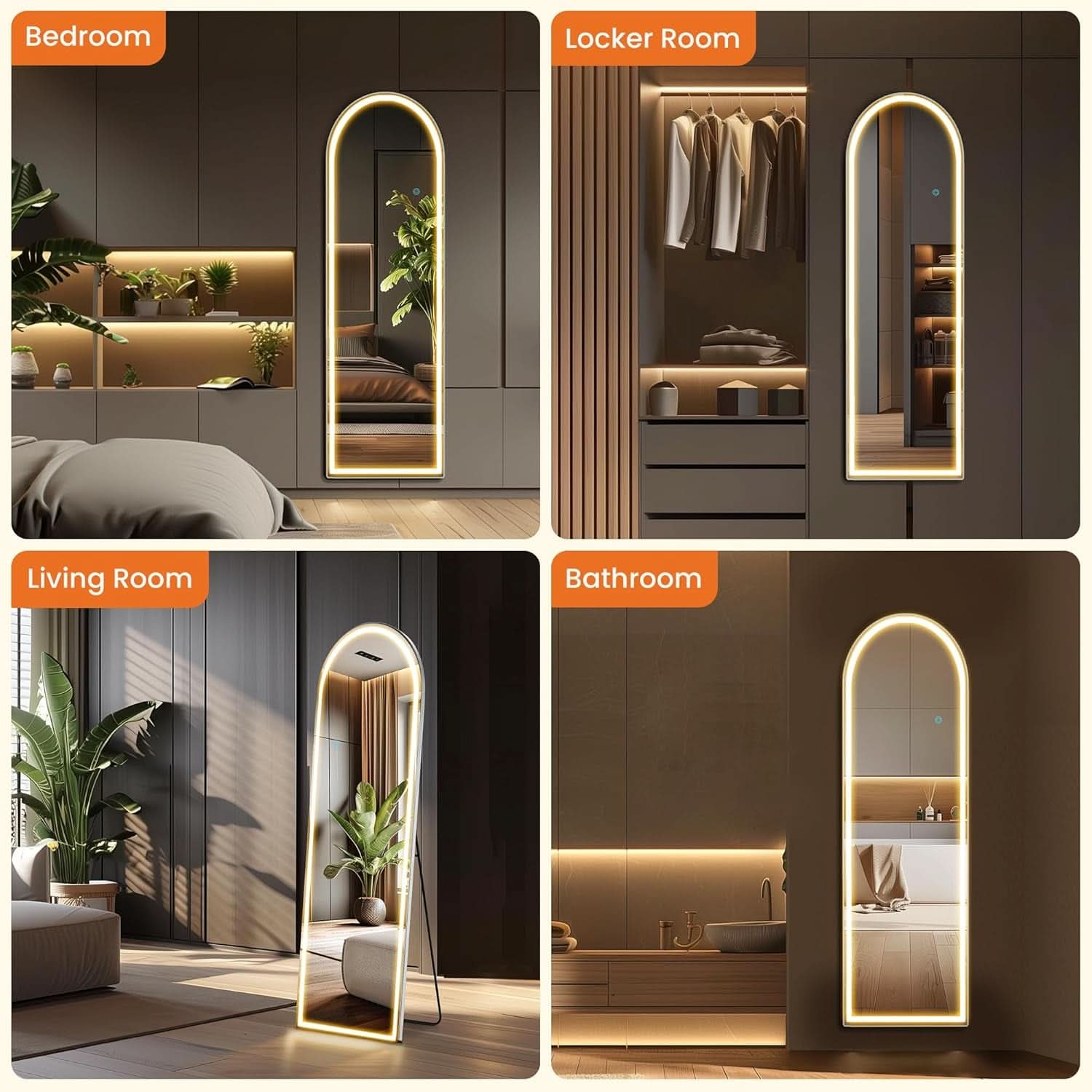 Arched Full Length LED Mirror 61x17 Inch Dimmable 3 Color Floor Stand-4
