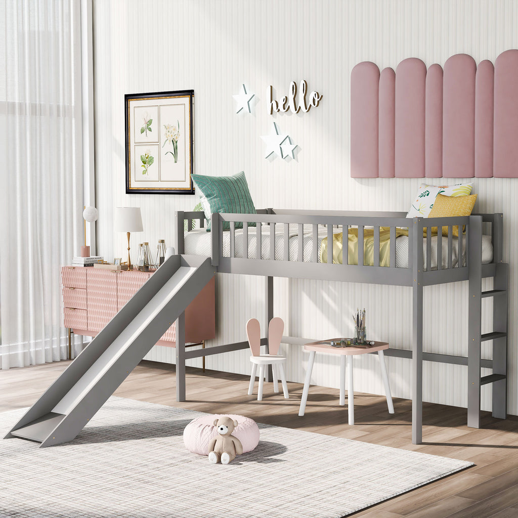 Gray Twin Size Low Loft Bed with Ladder and Slide
