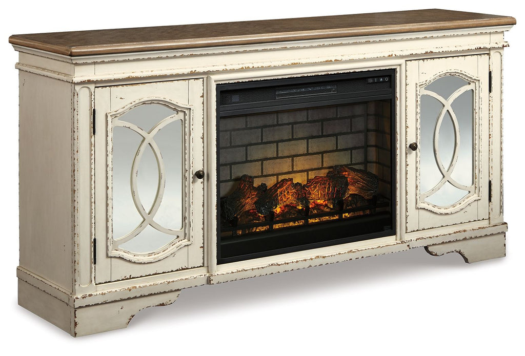 Realyn - 2 Pc. - 74" TV Stand With Electric Infrared Fireplace Insert - Chipped White-0