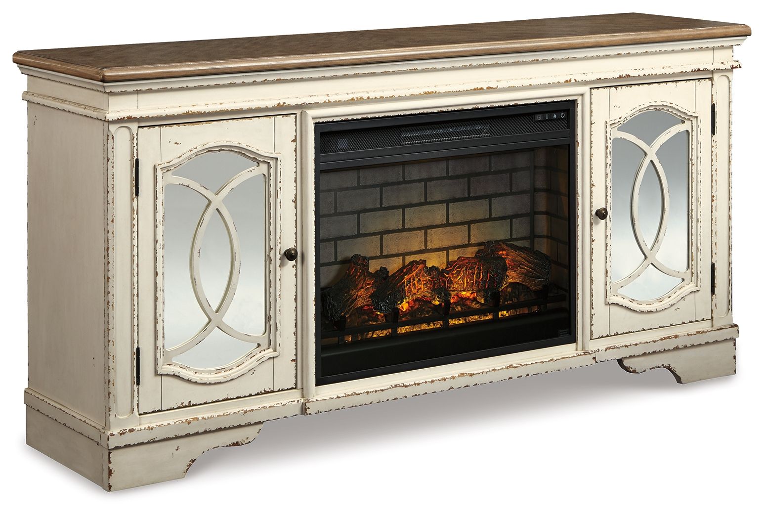 Realyn - 2 Pc. - 74" TV Stand With Electric Infrared Fireplace Insert - Chipped White-0
