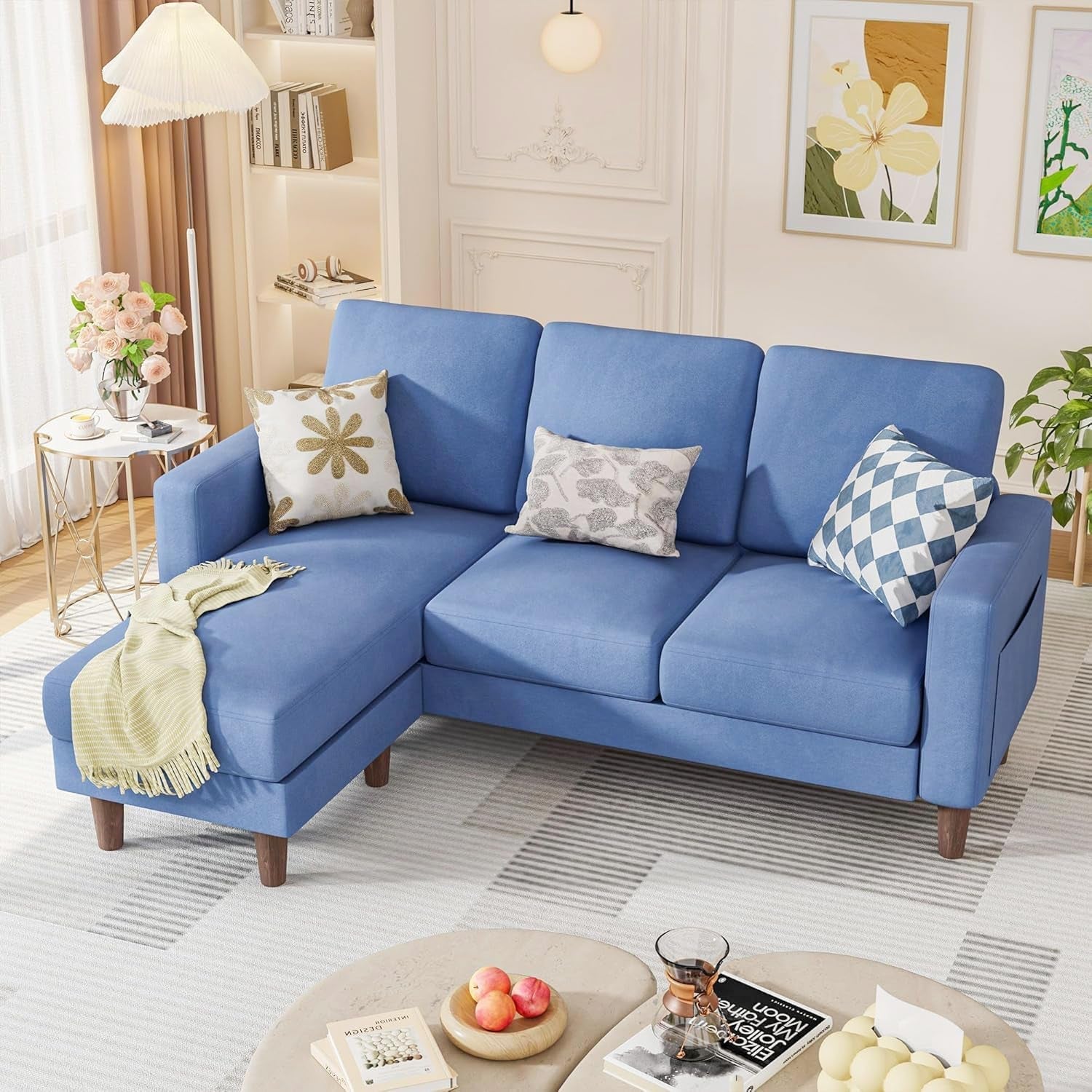 Blue Upholstered L Shaped Movable Sectional Couch Ottoman-0