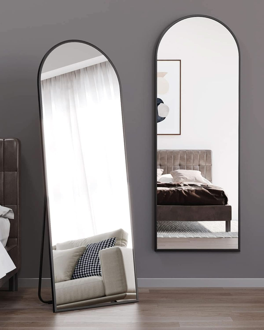 Black Full Length Floor Mirror With Stand Arched Top-2