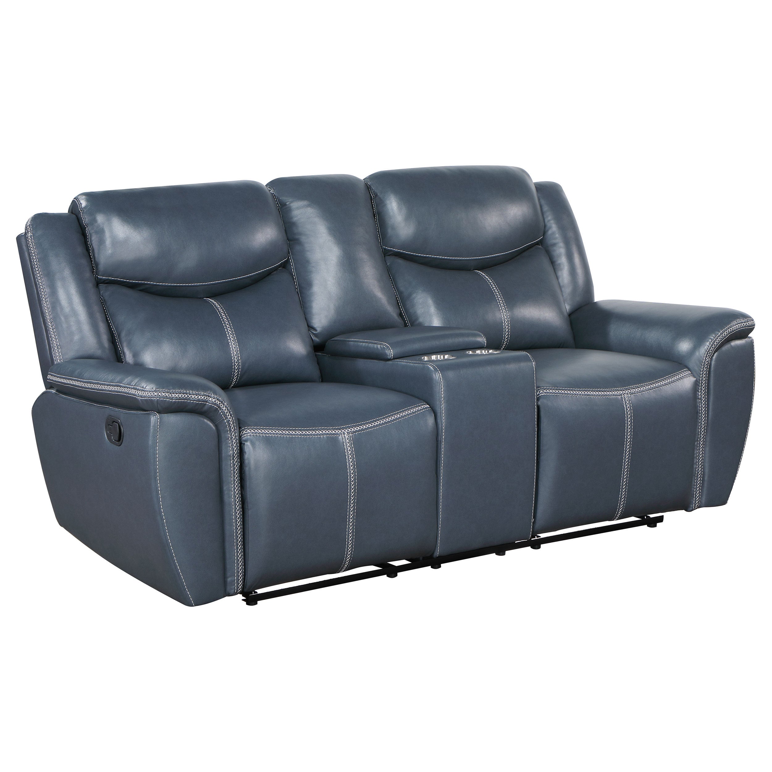 Stanwicke Blue Motion Reclining Loveseat with Console in Soft Blue Faux Leather, 78.75in Wide