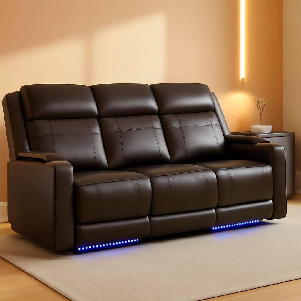 Brown Power Recliner Sofa Featuring Adjustable Headrest-0