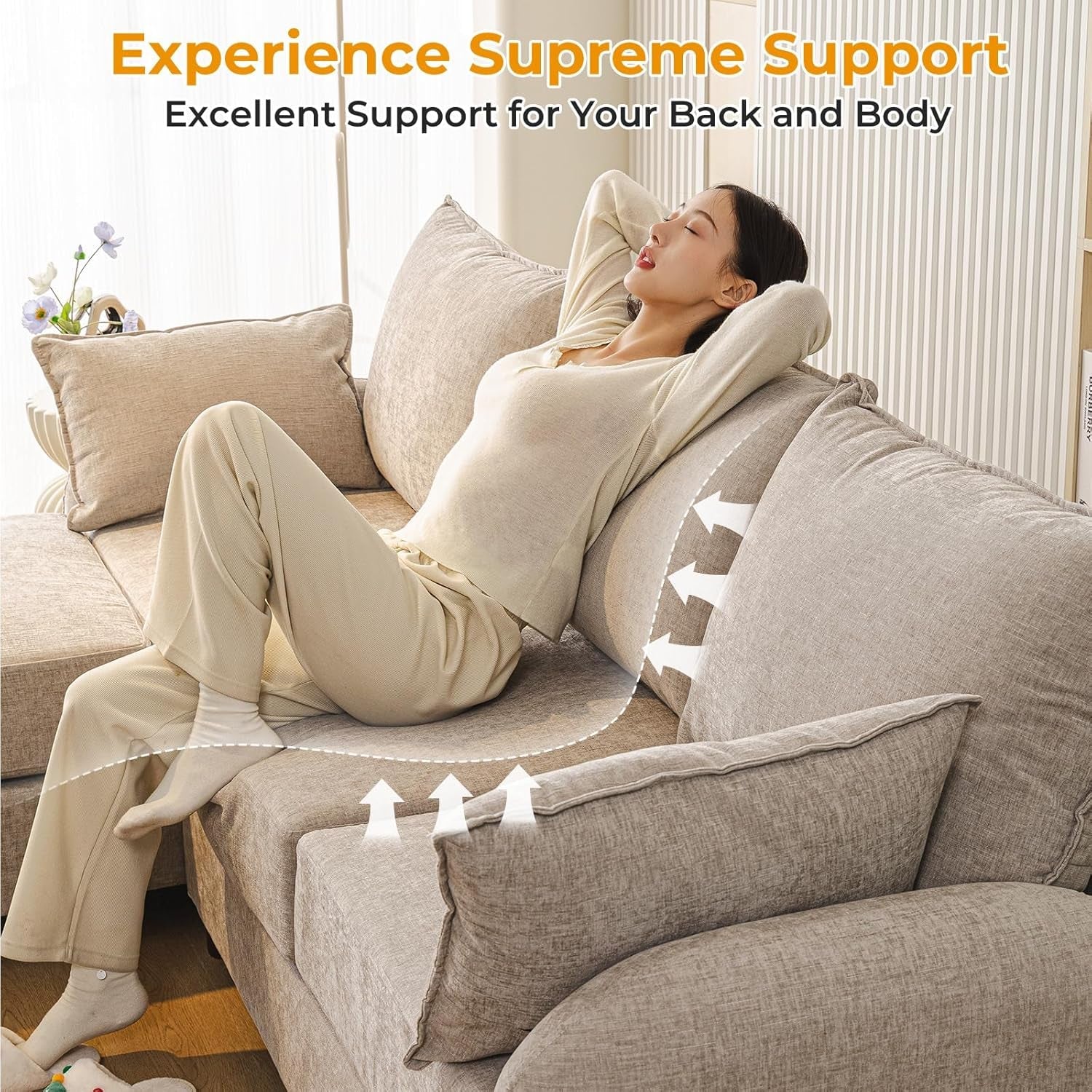Eighty SixInch Length L Shaped Elegant Sectional Sofa Khaki-3