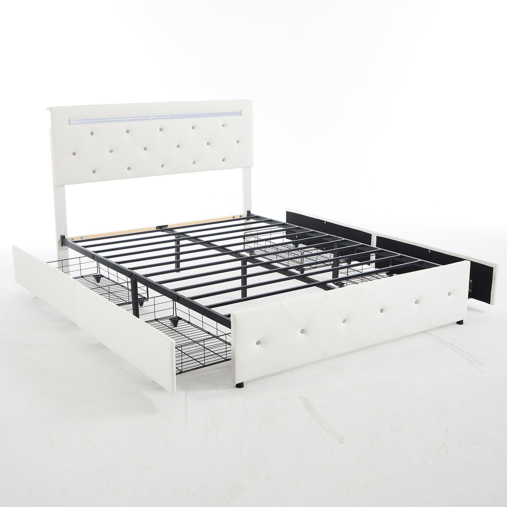 White PU Upholstered Full Size Bed Frame with LED Light, 4 Storage Drawers, Adjustable Headboard, Charging Station, Metal Frame, No Box Spring Needed
