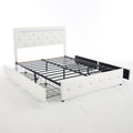 White PU Upholstered Full Size Bed Frame with LED Light, 4 Storage Drawers, Adjustable Headboard, Charging Station, Metal Frame, No Box Spring Needed