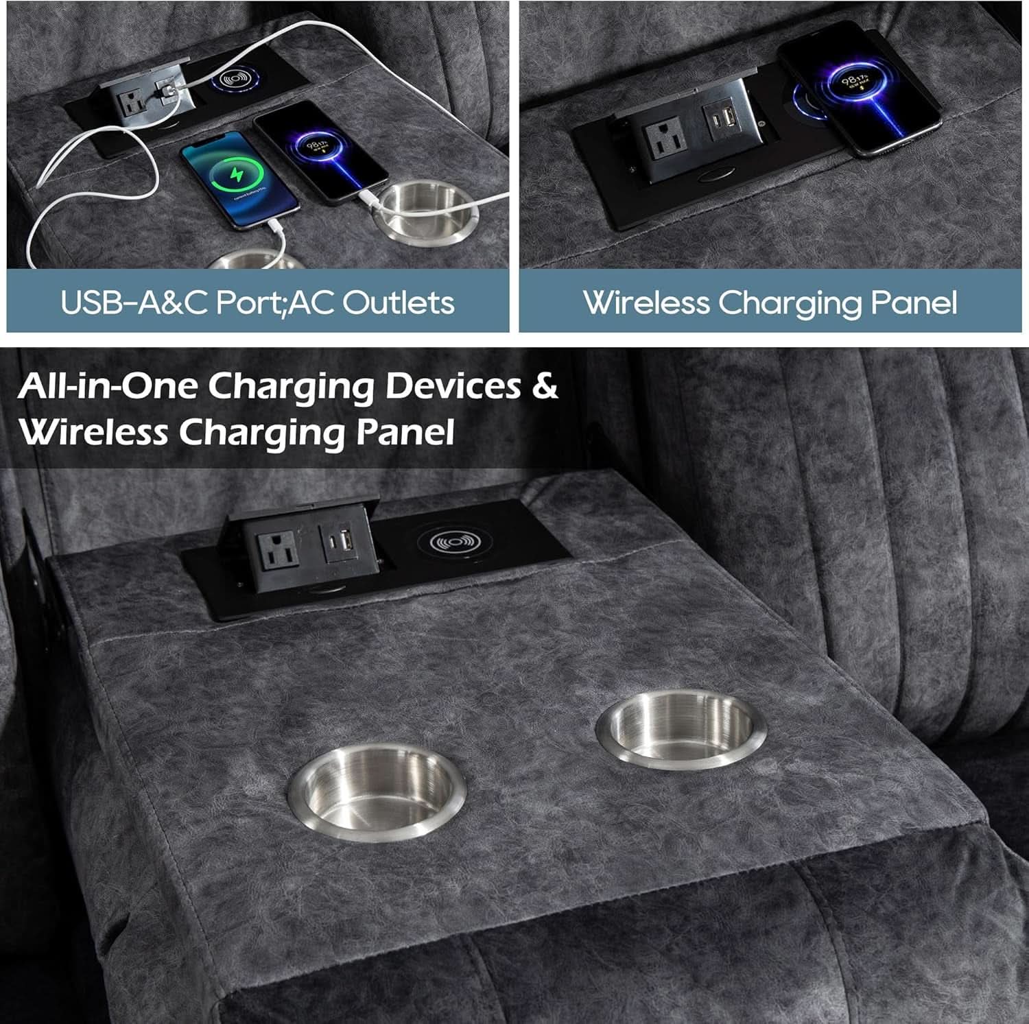 Grey Power Reclining Sofa With Zero Gravity USB Ports-4
