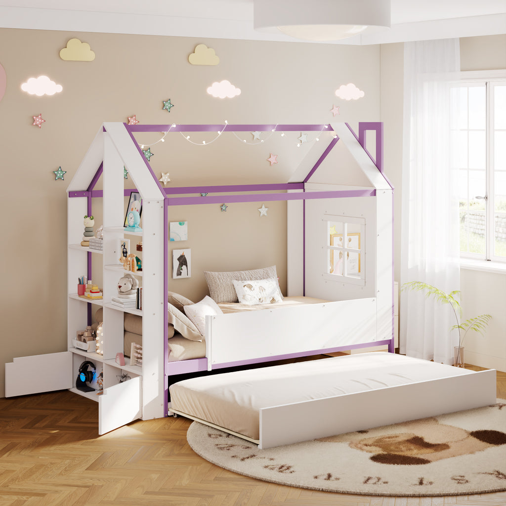 Twin Size House Bed Frame with Pull-Out Trundle