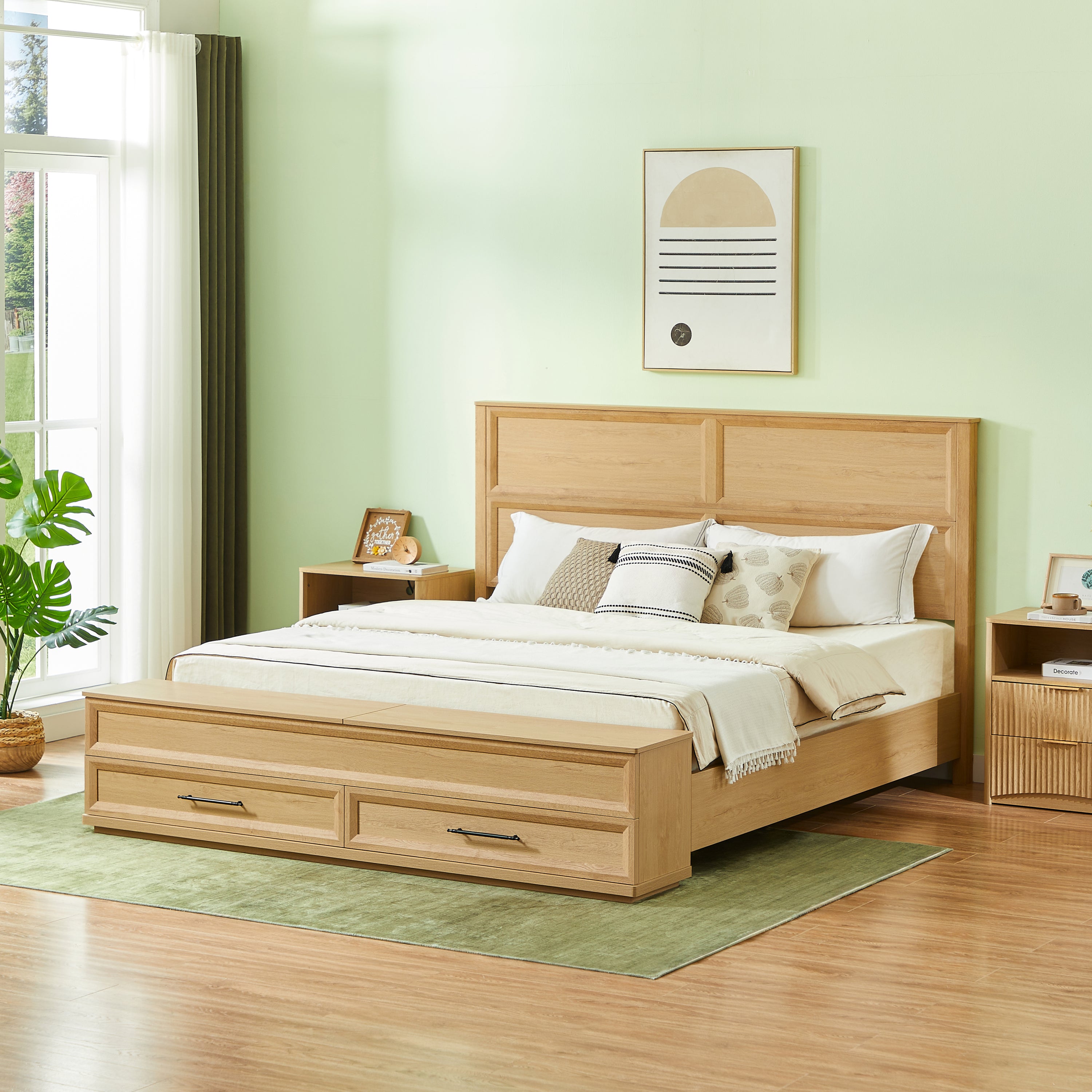 King Size Bed with 3D Geometric Headboard & Storage Bench - 4-Drawer Storage, Modern Bedroom Furniture,Oak.