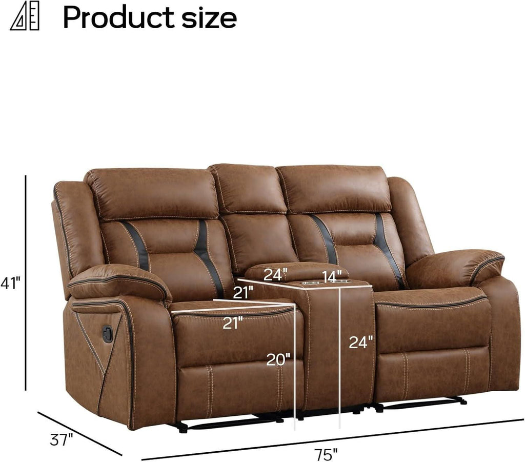Brown Faux Leather Loveseat Dual Recliners Center Console-1