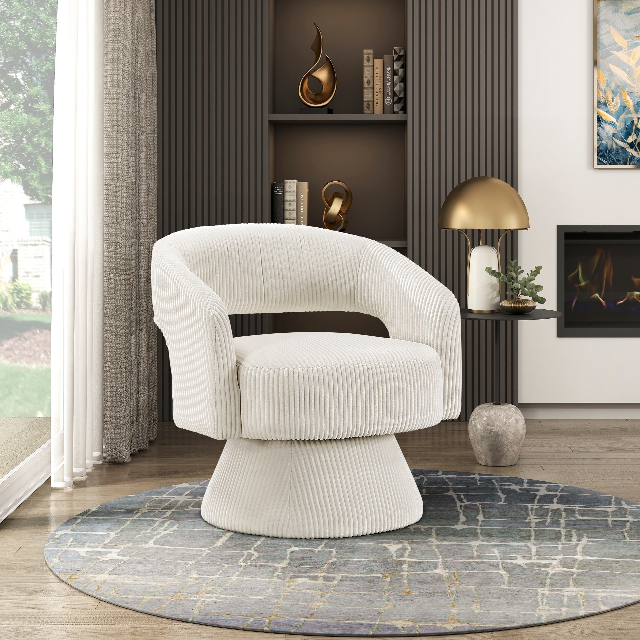 Modern Luxurious Swivel Accent Chair Beige Soft Corduroy Plush Seating