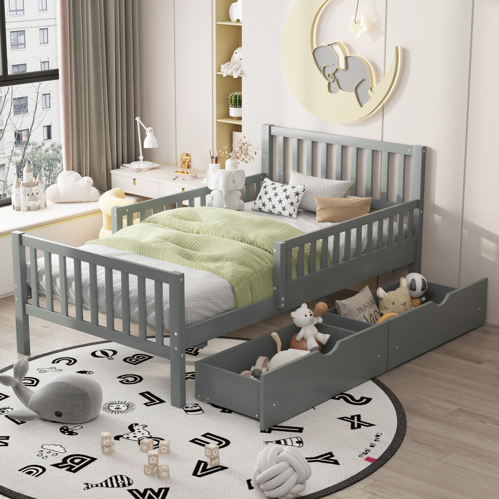 Twin Size Wood Platform Bed with Guardrails