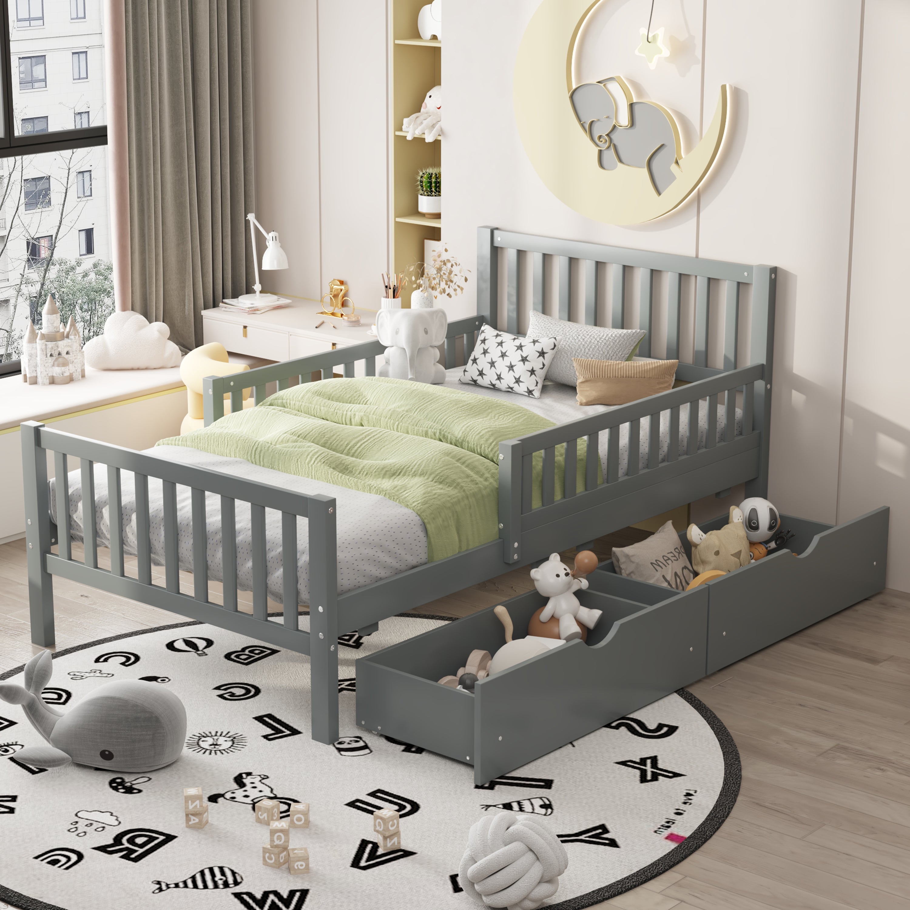 Twin Size Wood Platform Bed with Guardrails