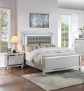 Sleek Modern Silver Tufted Faux Leather Queen Size Bed 2x Nightstands LED 3pc Set Panel Bedframe Bedroom