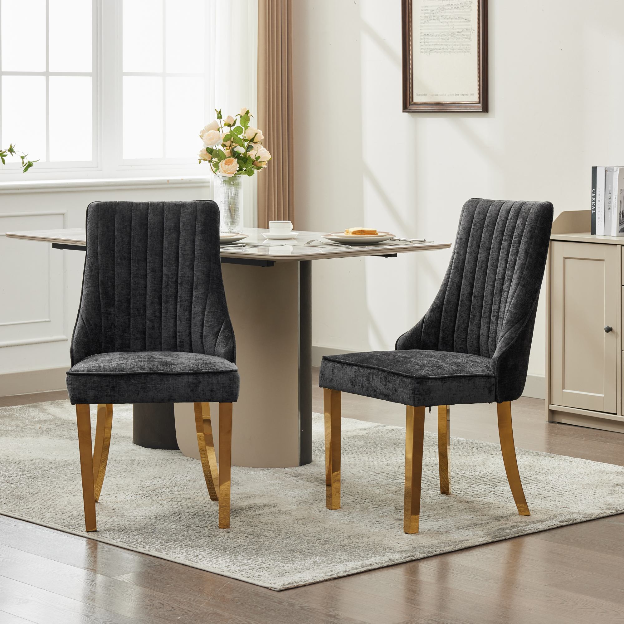 Rayon Cloth Flocking Chenille Dining Chairs Channel Kitchen Dinner Chair Comfy Fabric Upholstered Accent Chair for Dining Room with Golden Stainless Steel Plating Legs,Set of 2 (Black), SW1647BK