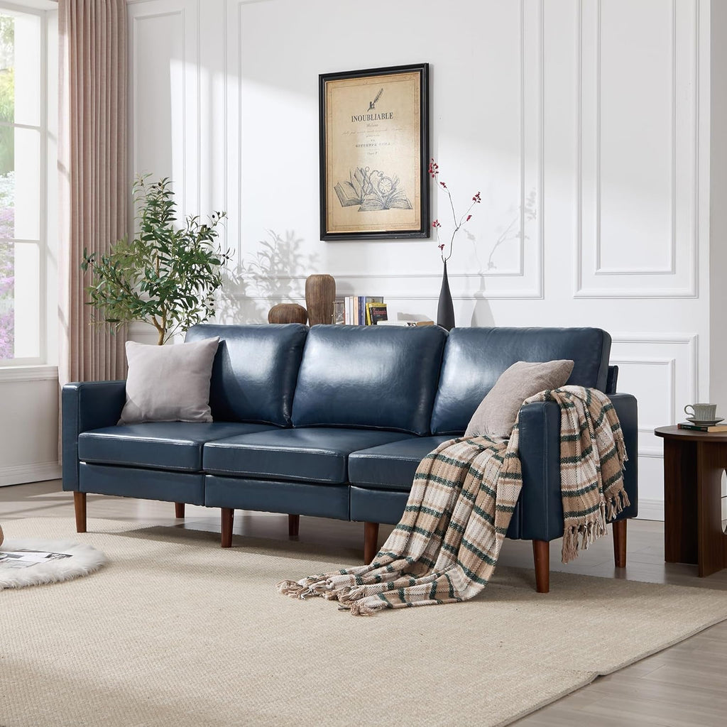 Mid Century Modern Faux Leather Sofa 91Inch Navy Blue-0