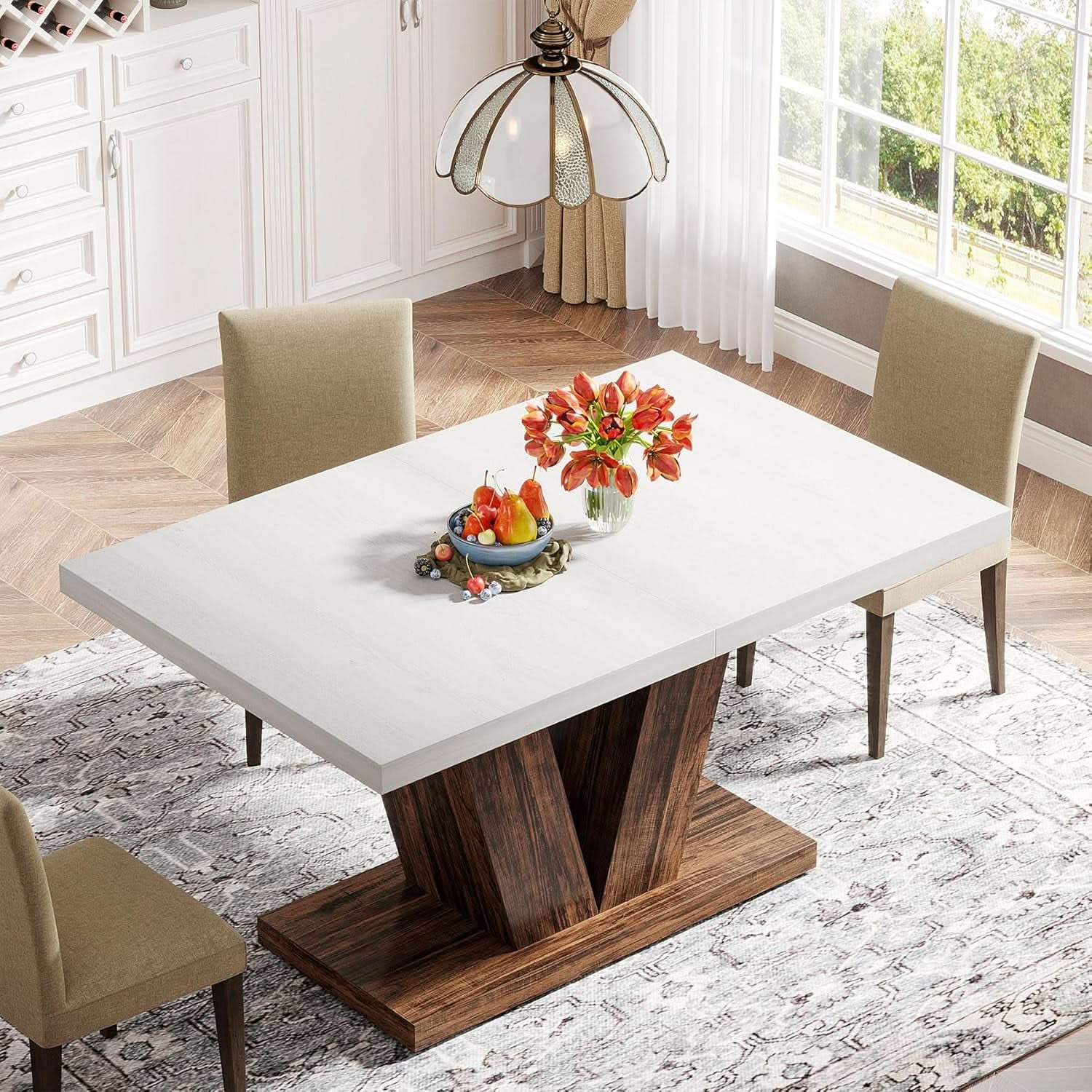 47 Inch White Oak Dining Table With Heavy Pedestal Base-4