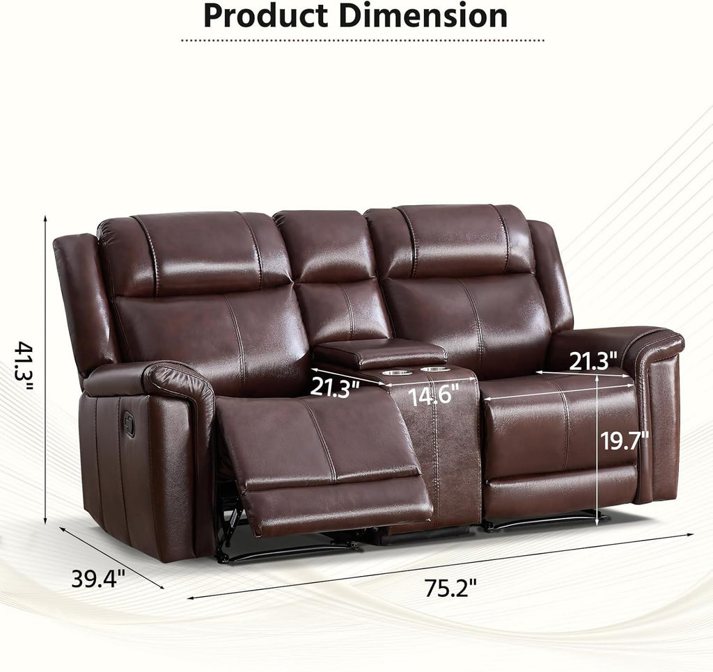 Genuine Leather Manual Overstuffed Loveseat Recliner Brown-1