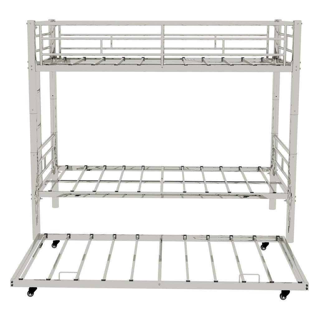 Heavy-duty Sturdy Metal Twin over Twin Bunk Bed with Noise Reduction and Safety Guardrail in Silvery Finish