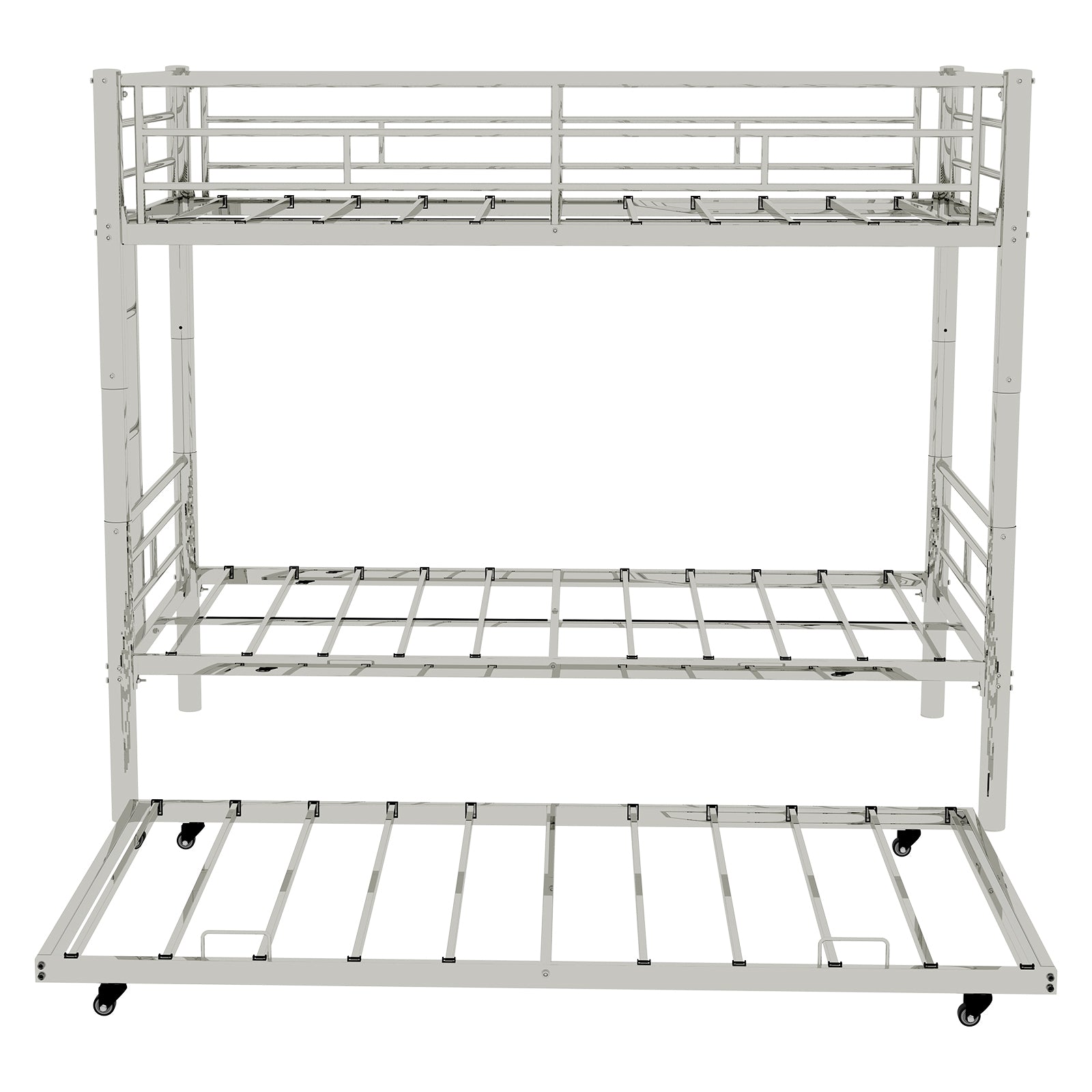 Heavy-duty Sturdy Metal Twin over Twin Bunk Bed with Noise Reduction and Safety Guardrail in Silvery Finish
