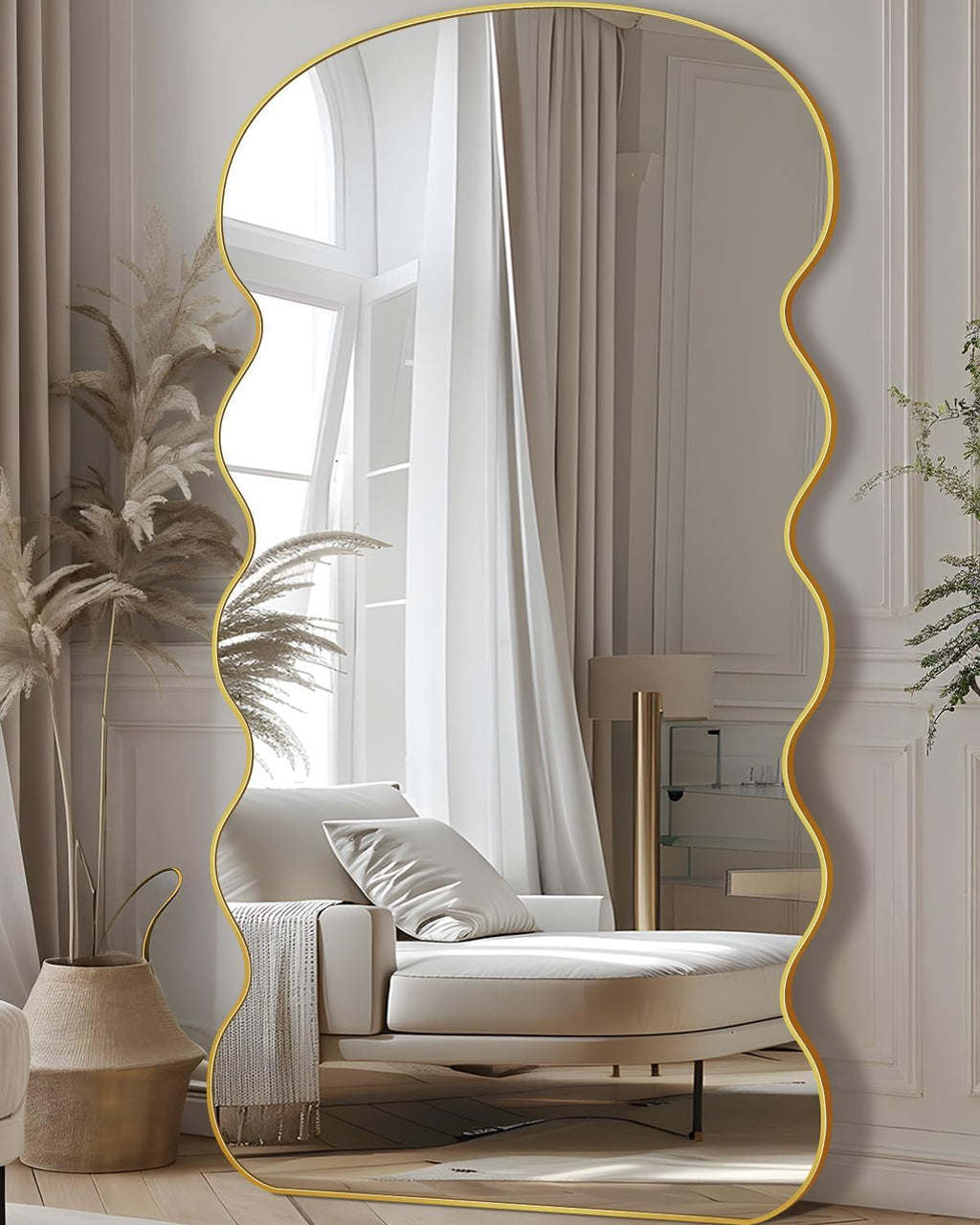Wavy FullL ength Floor Standing Mirror Gold 76x34 Inches-0