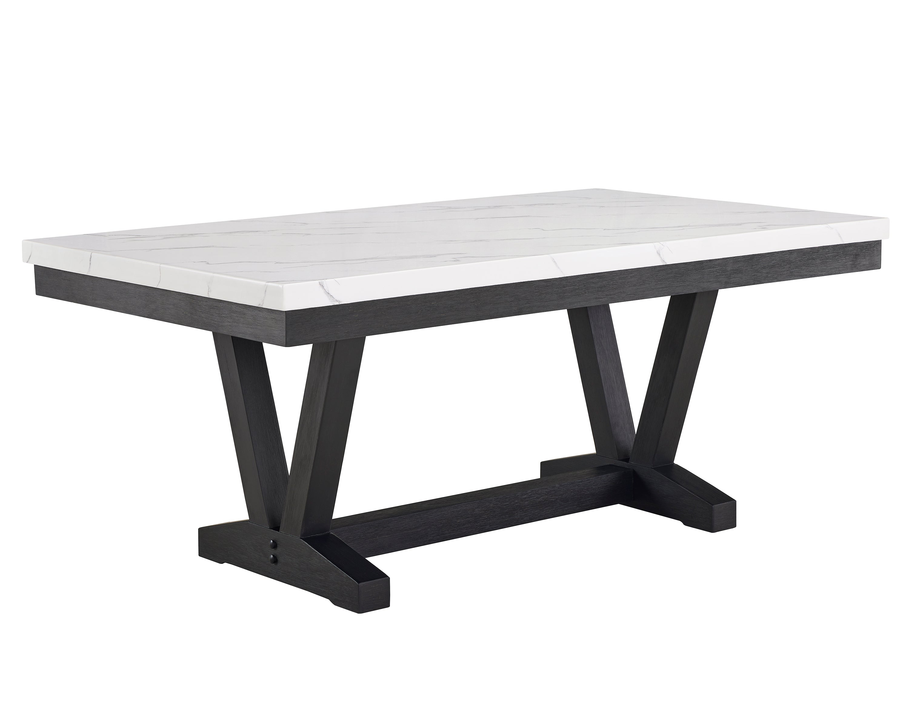1pc Transitional Modern Formal Dining Table White Faux Marble Rectangular Table Top Trestle Base Black Finish Legs Wooden Dining Room Furniture