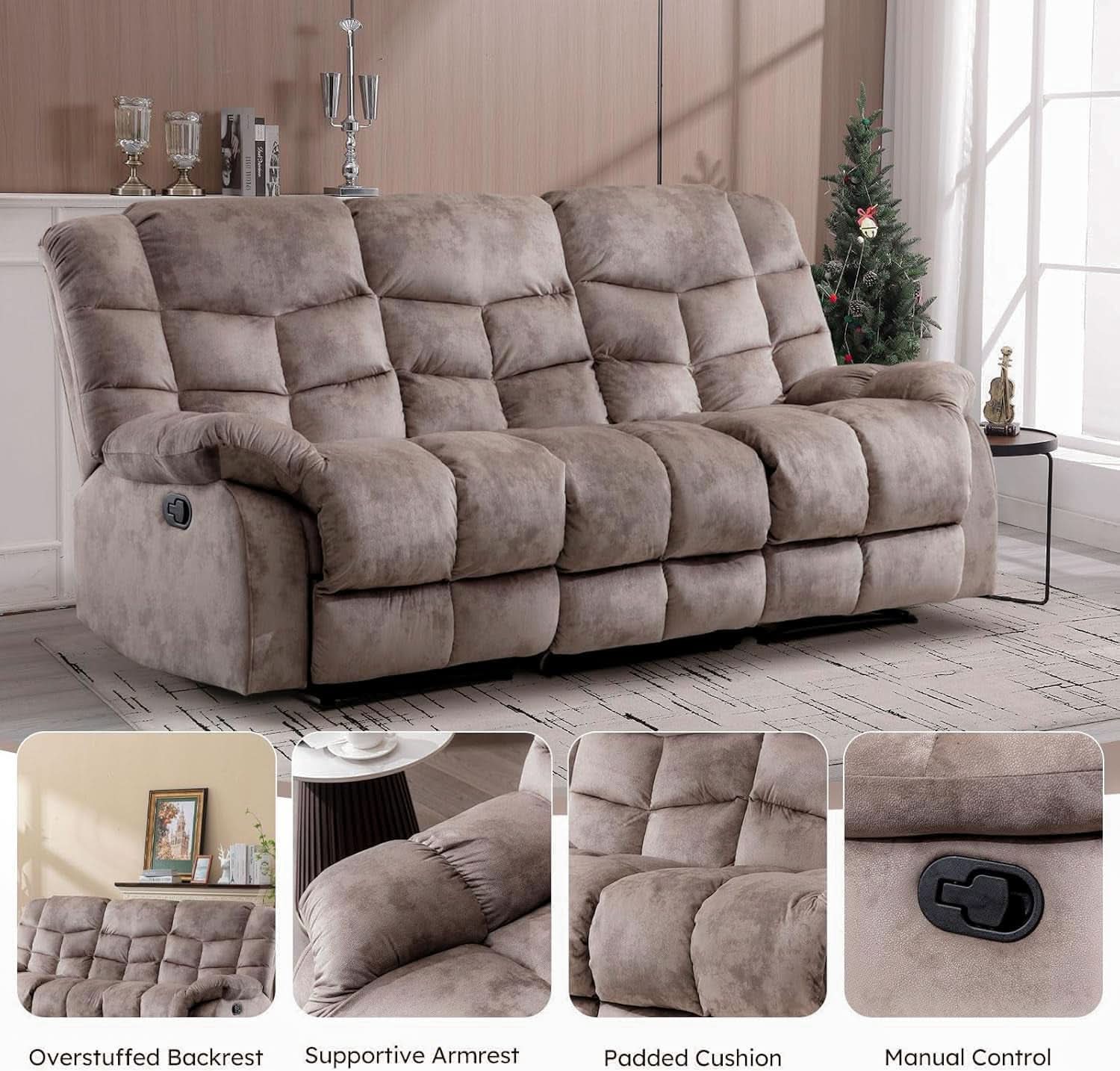 Three Seat Extra Wide Recliner Sofa Brown Upholstered-2