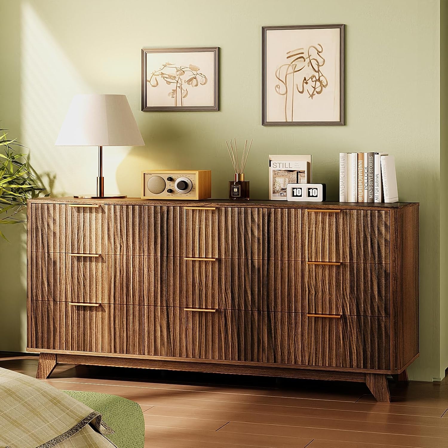 Walnut 57 Inch Fluted Dresser Featuring Metal Handles