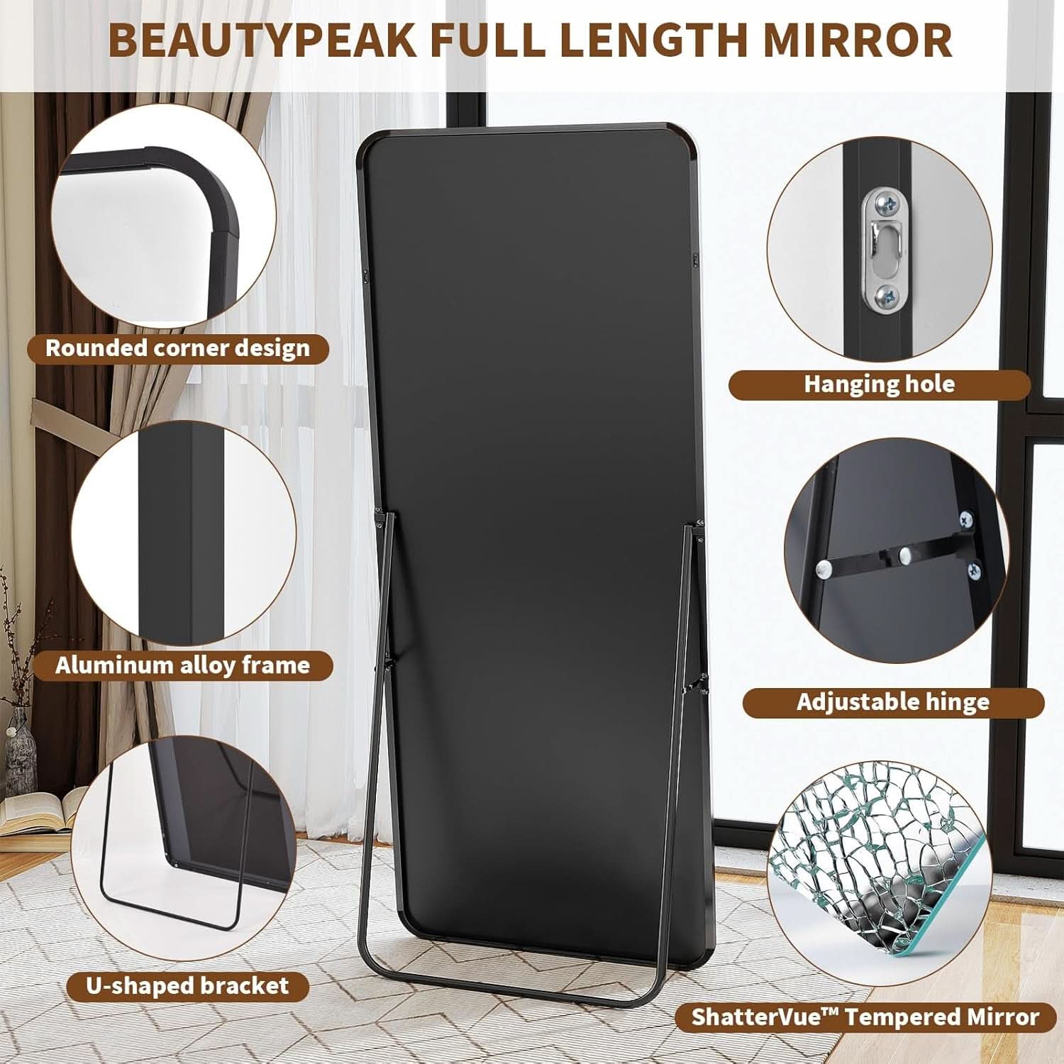 Full Length Floor Mirror 56 Inch Tall Black Freestanding-4