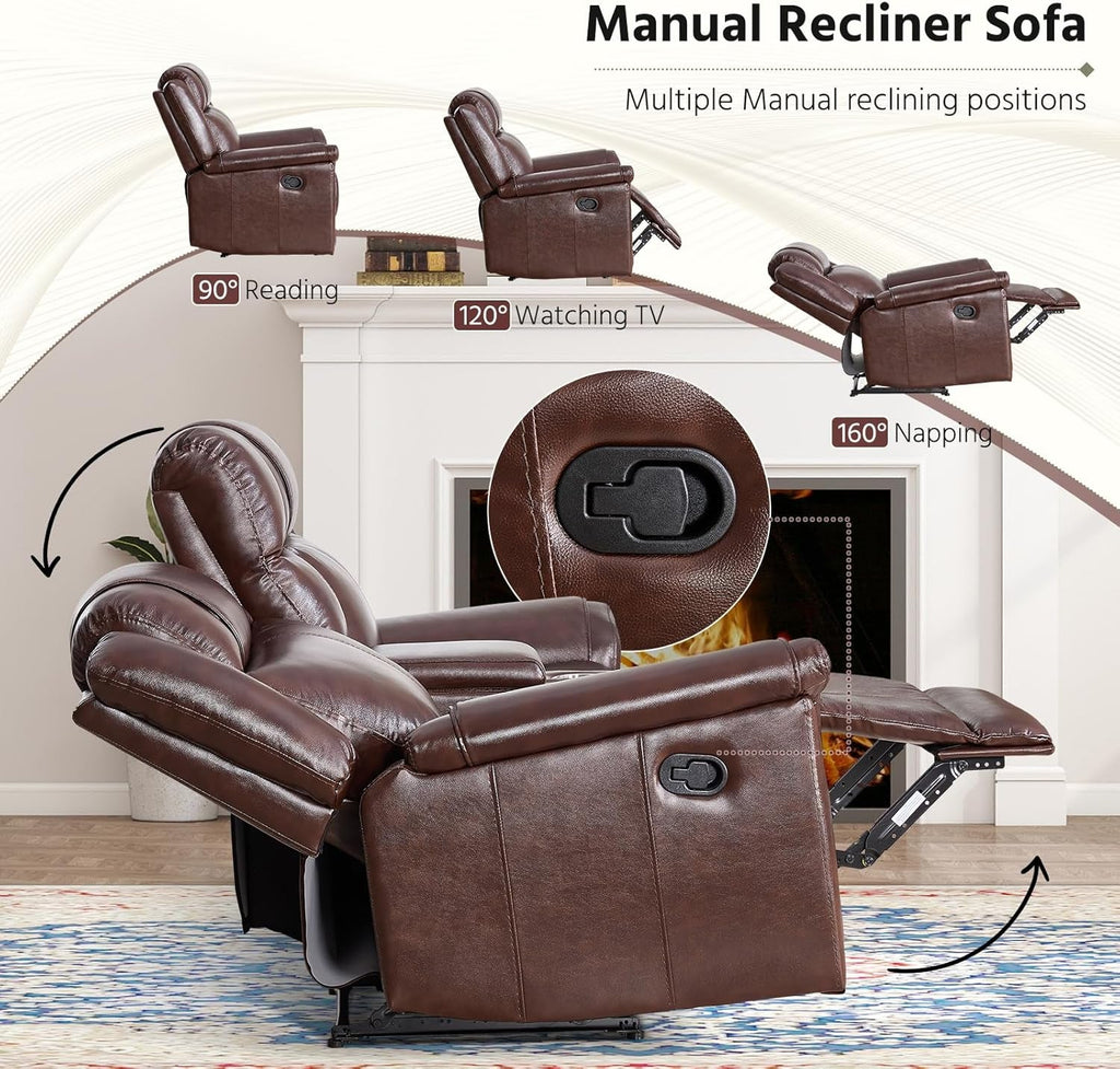 Genuine Leather Manual Overstuffed Loveseat Recliner Brown-3