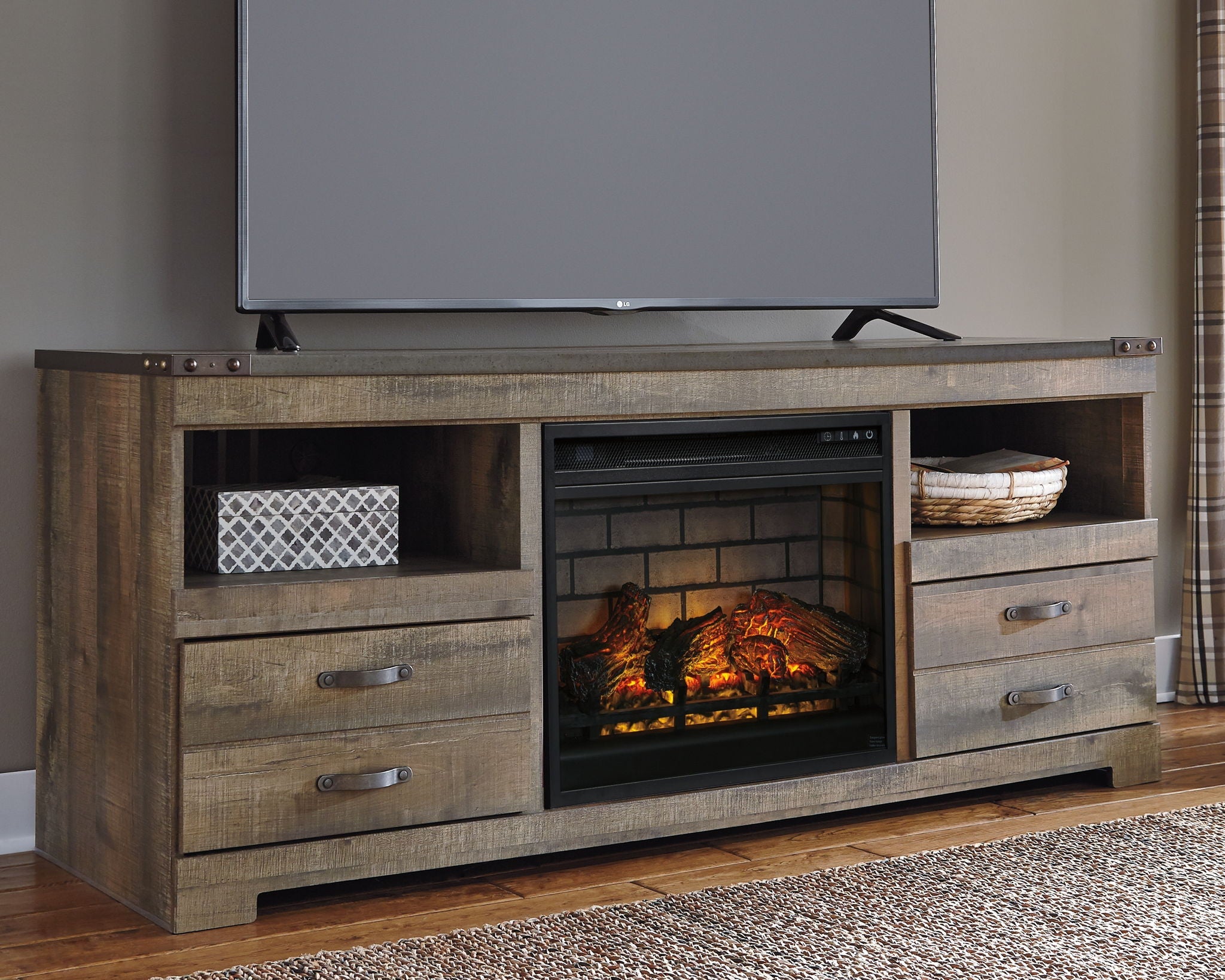 Trinell - 63" TV Stand With Glass/Stone Fireplace Insert - Brown-1