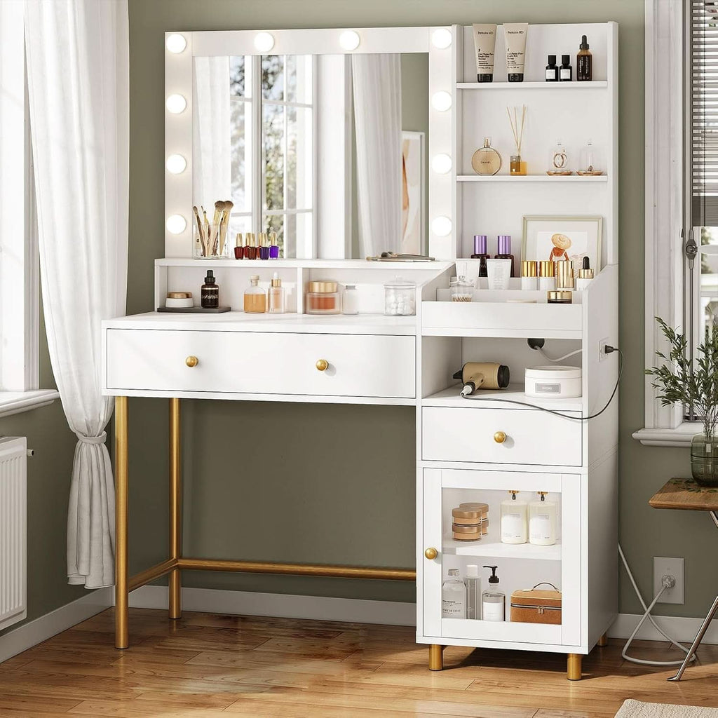 White Makeup Vanity Desk With Integrated Illumination-0